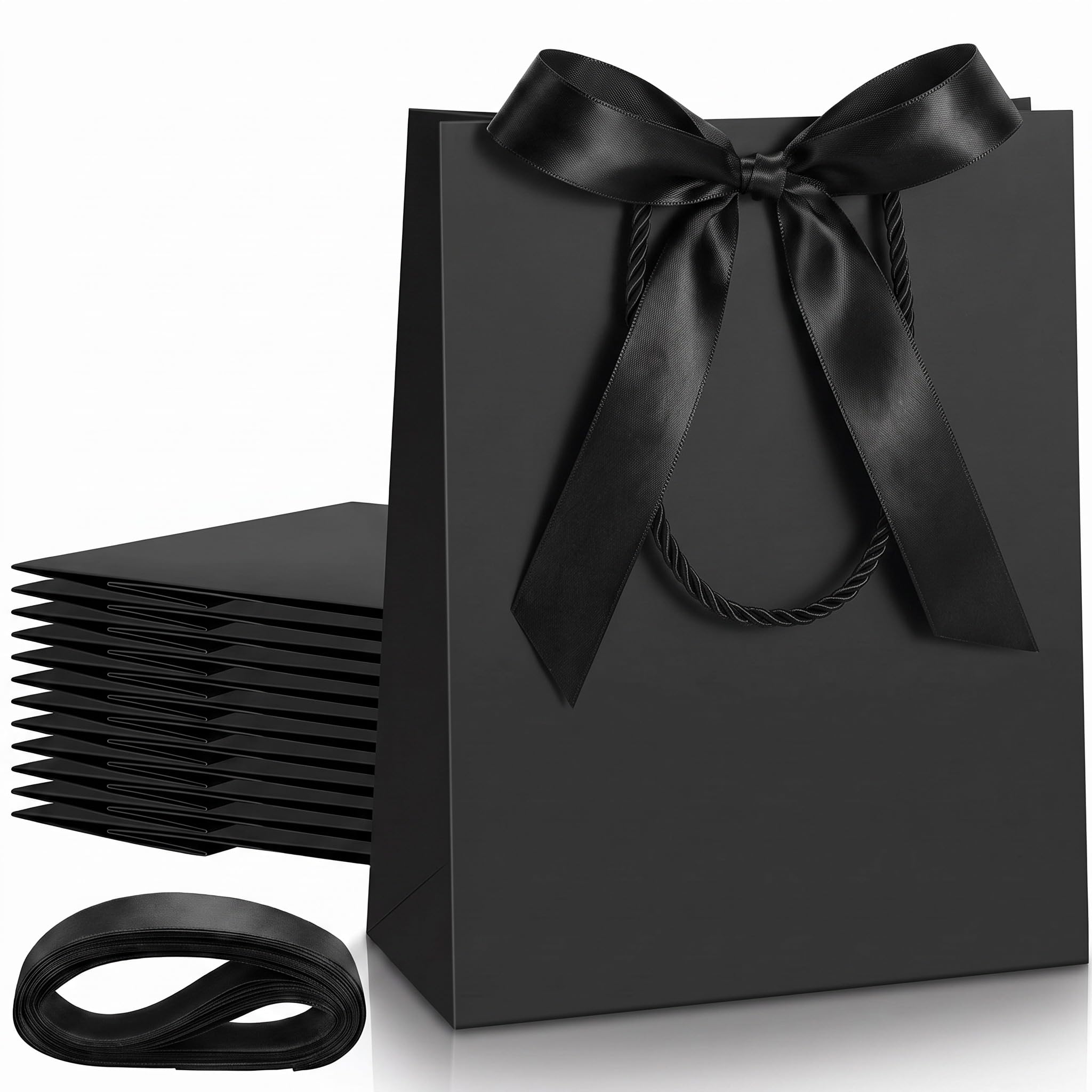 Silkfly 12 Pcs Paper Gift Bags with Handle 9x7x3.15'',Pure Black — image 1