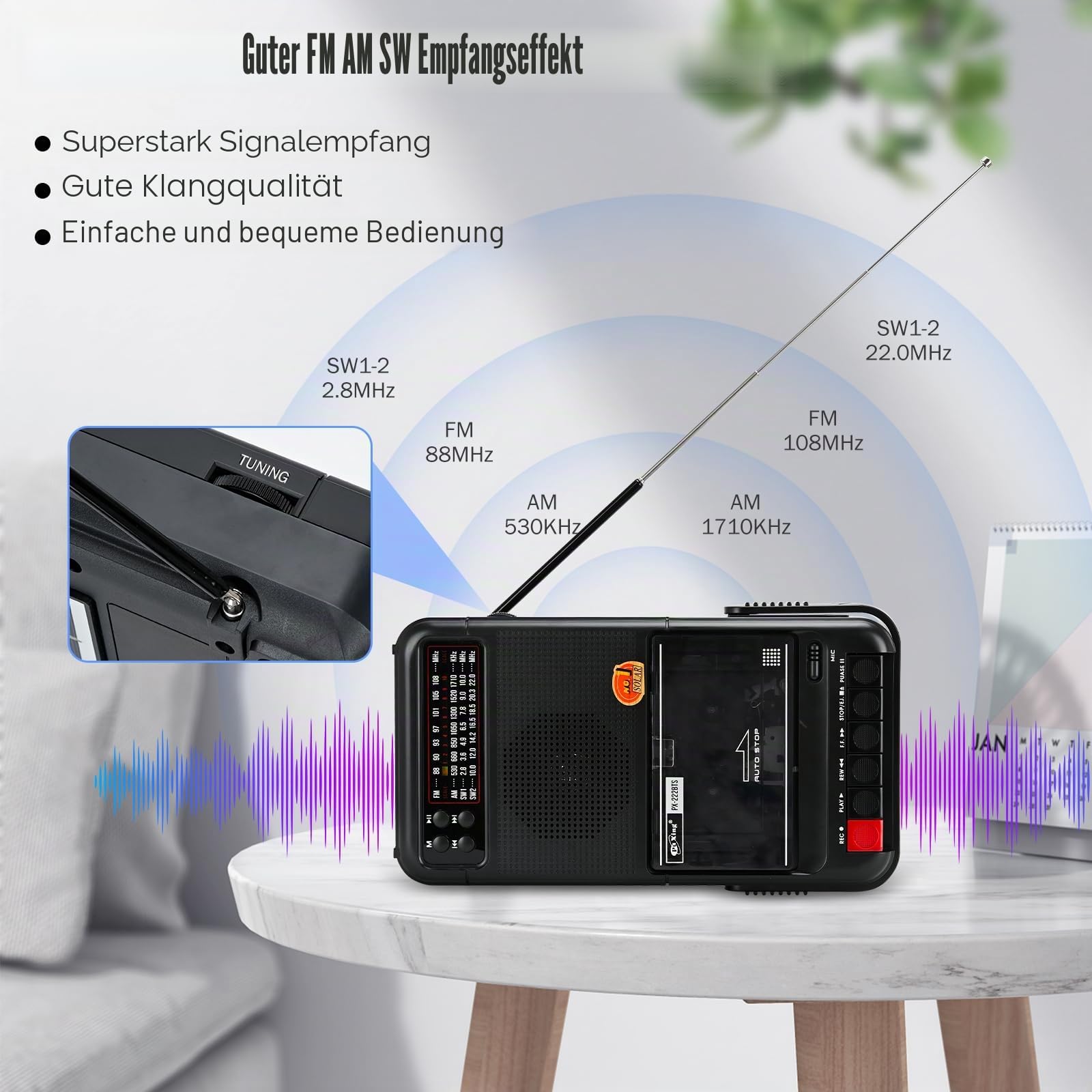 Boombox Tragbarer Kassettenspieler, tragbarer Retro-Kassettenspieler, unterstützt SD/MMC/USB/Kassettenwiedergabe, AM/FM/SW-Band-Radio, HiFi-Klangqualität, integrierter Lautsprecher (schwarz)