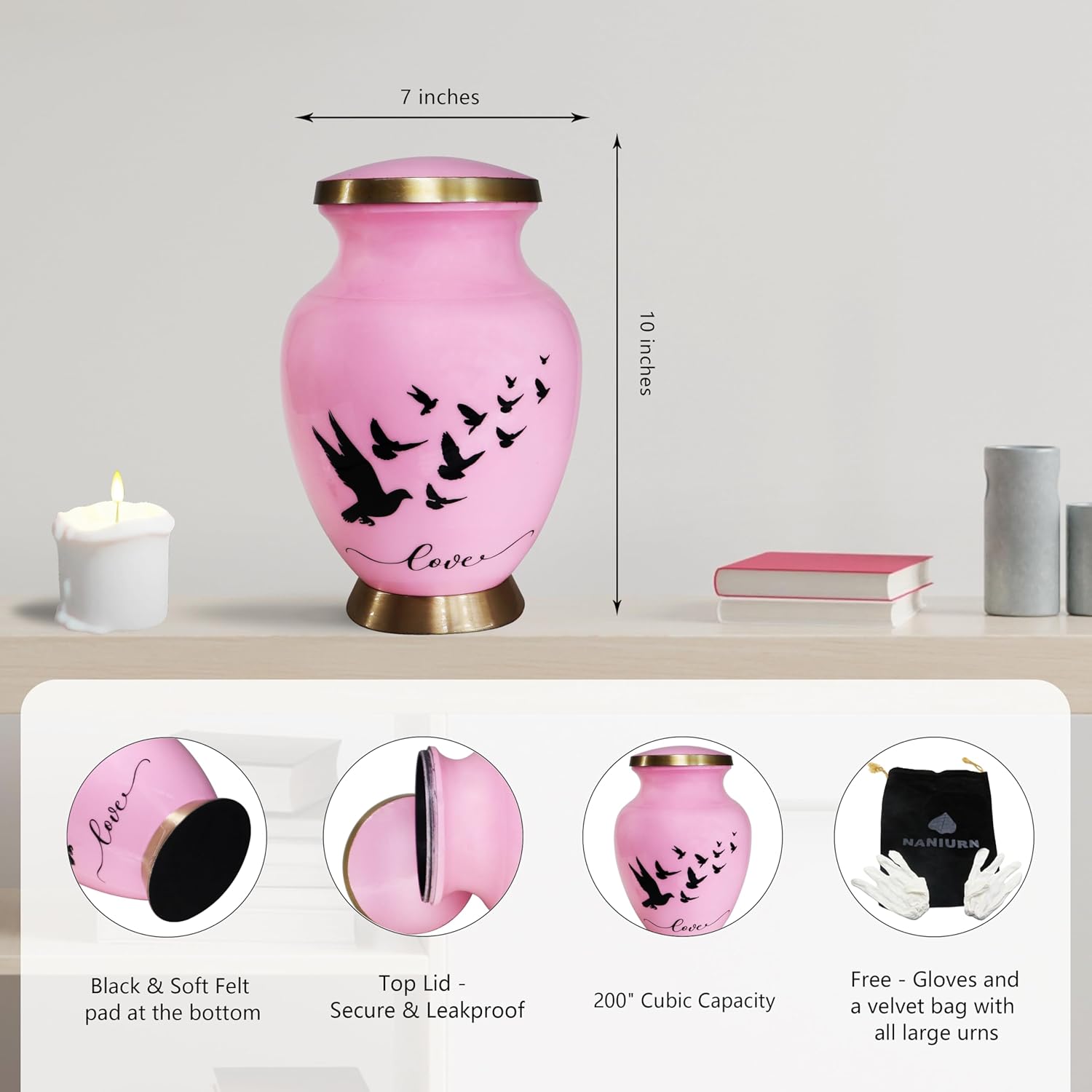 Cremation Urns for Human Ashes Adult Female and Male, Funeral Urn for Ashes for Women & Men, Love Models Decorative, Flying Bird Urns, Pink and Gold - Large Full Size