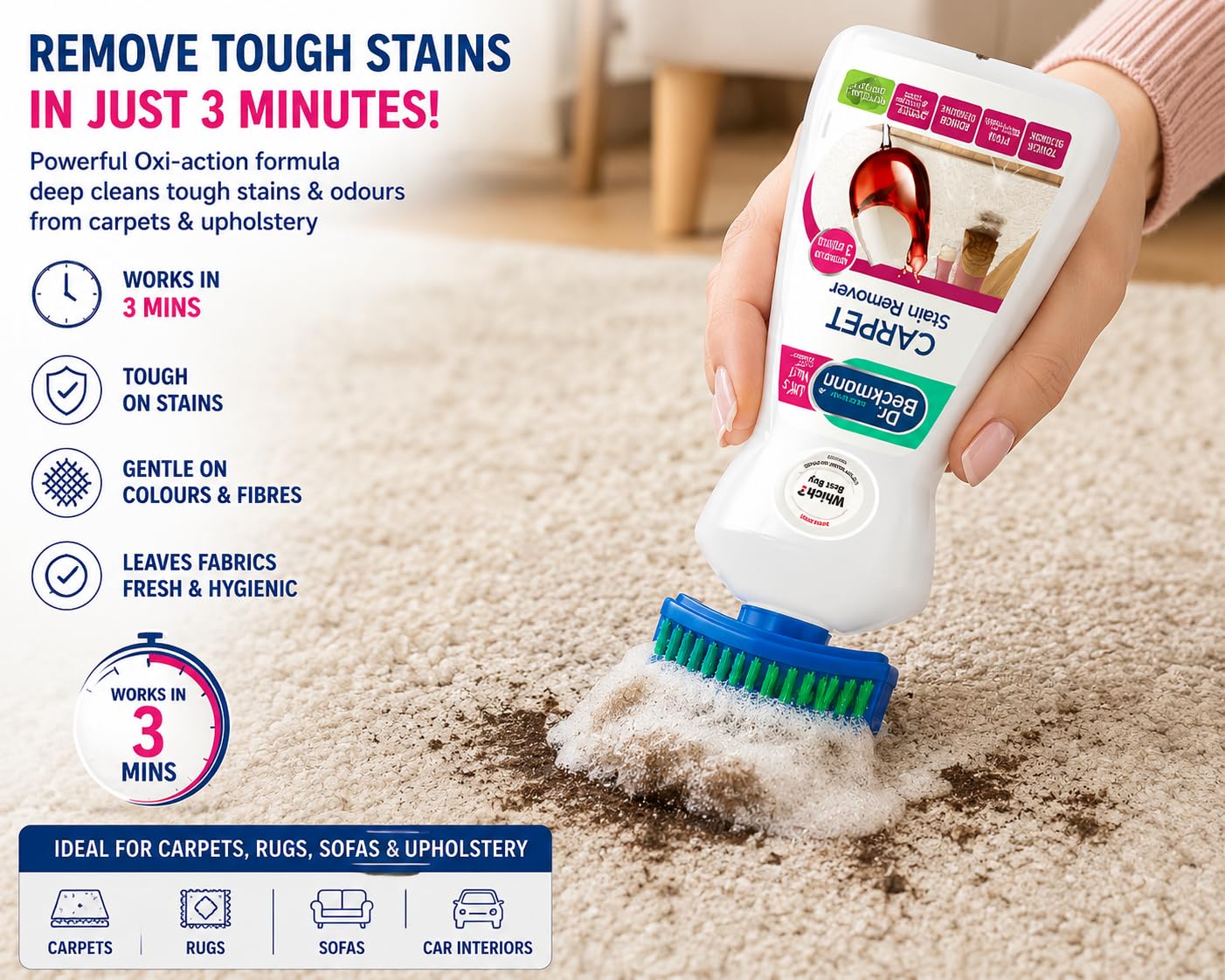 Dr. Beckmann Carpet Carpet & Upholstery Stain Remover with Built-in Brush | Removes Pet Stains, Coffee, Wine & Dirt in 3 Minutes | Oxi Power Carpet, Sofa & Rug Cleaner | Safe on Wool Carpets | 650 ml 1