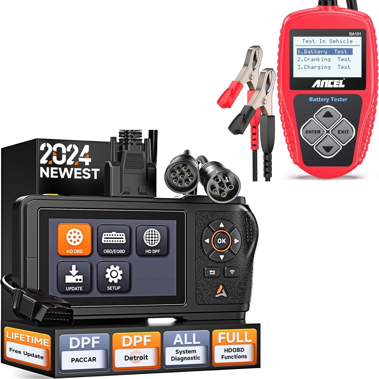 ANCEL HD431 Heavy Duty Truck Scanner, 2024 New Diesel Diagnostic Scan Tool, DPF Regen and Reset for Detroit, Paccar Tool Plus ANCEL BA101 Car Battery Tester 12V - Digital Automotive Batteries