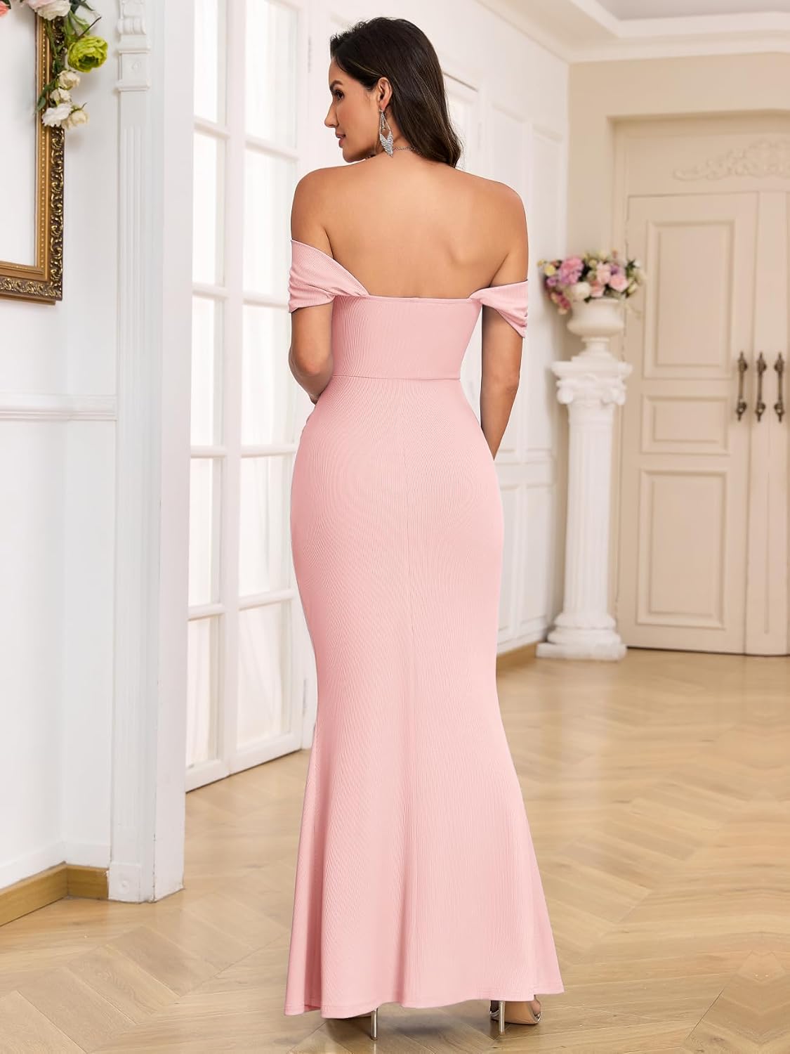 AISWI Off The Shoulder Maternity Dress Ruched Ribbed Knit Bodycon Mermaid Maxi Gown with Slit for Baby Shower Photoshoot