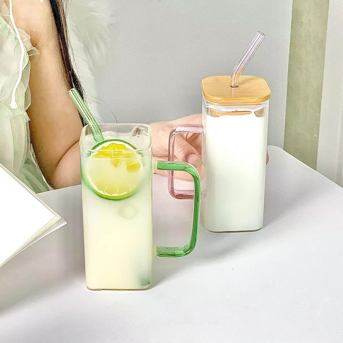 Glass Mug with Lid and Straw Iced Coffee Cup with Handle Square Drinking Glasses Tumbler Cups for Smoothie Juice (Pink)