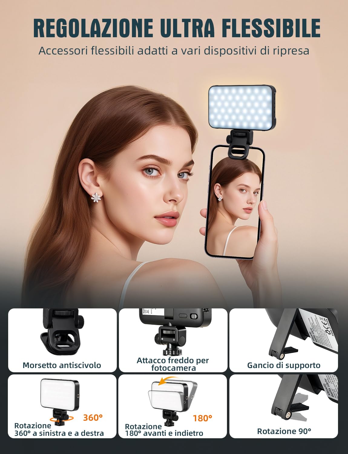 YOHOOLYO Luce Selfie per Telefono, Temperatura Colore Regolabile 2500K-9000K, 96 LED, Dimmerabile senza Livelli, CRI 95+, Magnetica, Batteria 2000mAh, per Telefono/iPad/PC/Fotocamera
