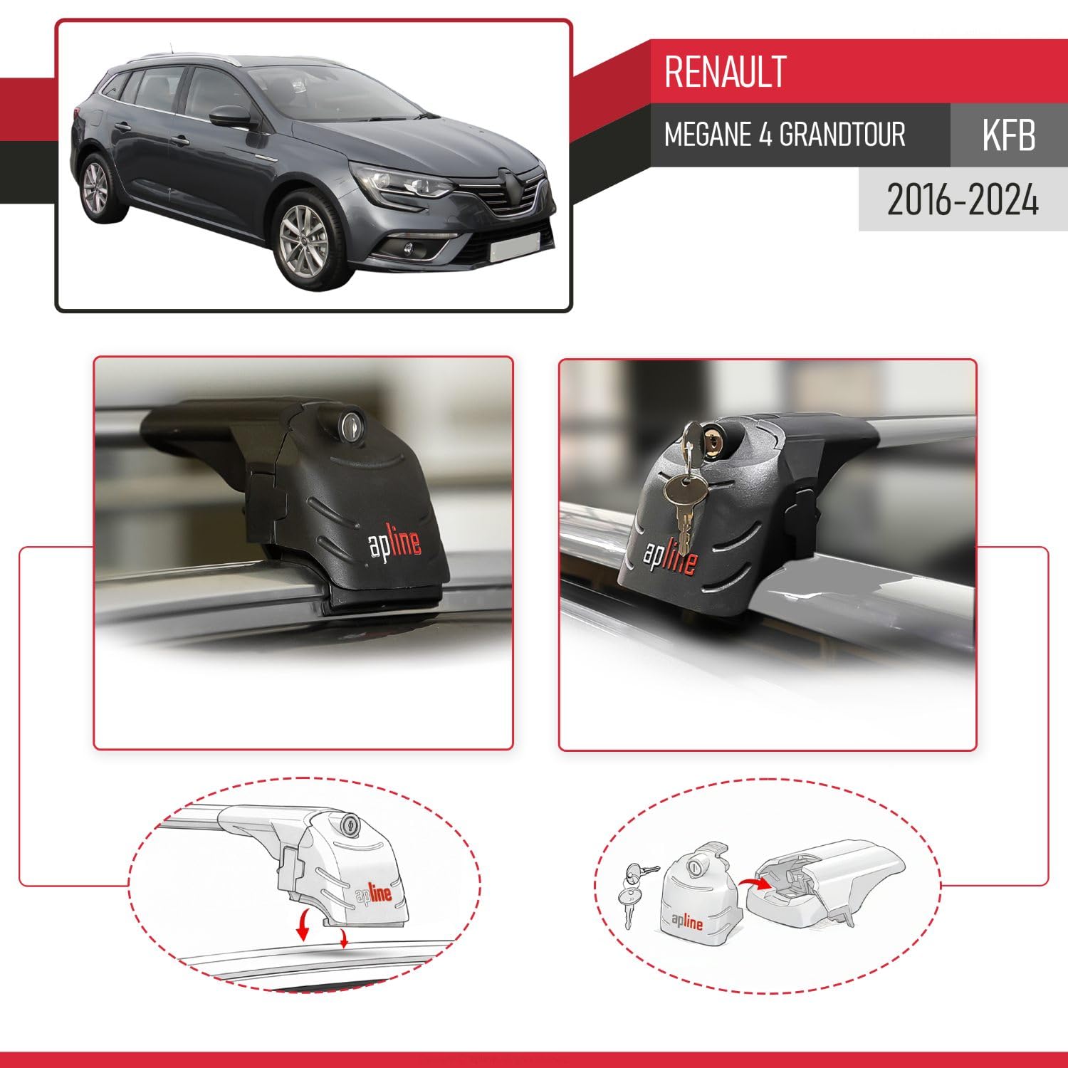 Compatible con Renault Megane 4 (KFB) Grandtour 2016-2023 ACE-2 Barras de Techo Auto Portaequipajes Barras Transversales Gris Aluminio 2 Barras