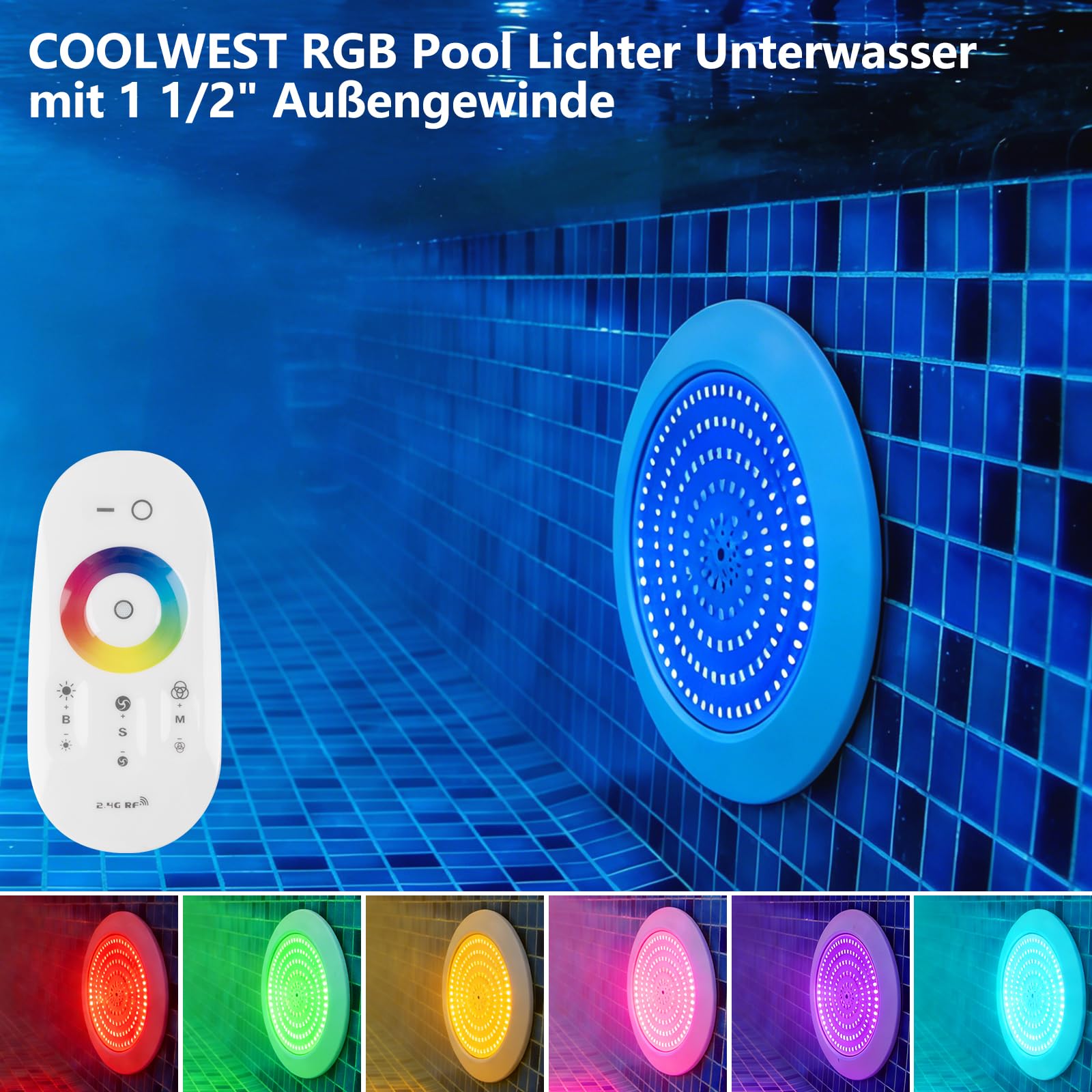 COOLWEST RGB LED Poolbeleuchtung mit 1-1/2 Zoll Außengewinde, 25W Unterwasser Licht mit Fernbedienung, Ø180mm, 24V DC, IP68 Colour Changing LED Poolscheinwerfer für Betonpools