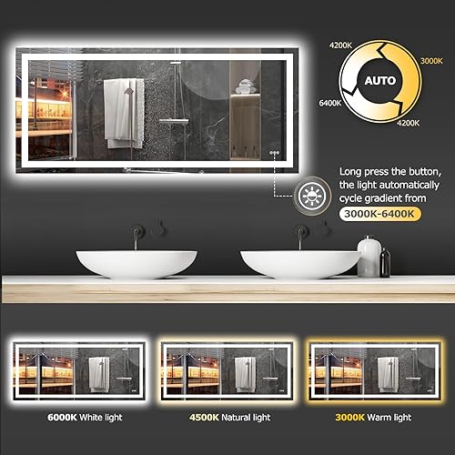 Miniatura 4 de Espejo de baño LED de 72 x 32 pulgadas con luces, antiniebla, regulable, retroiluminado + luz frontal, espejo inteligente de tocador de baño,