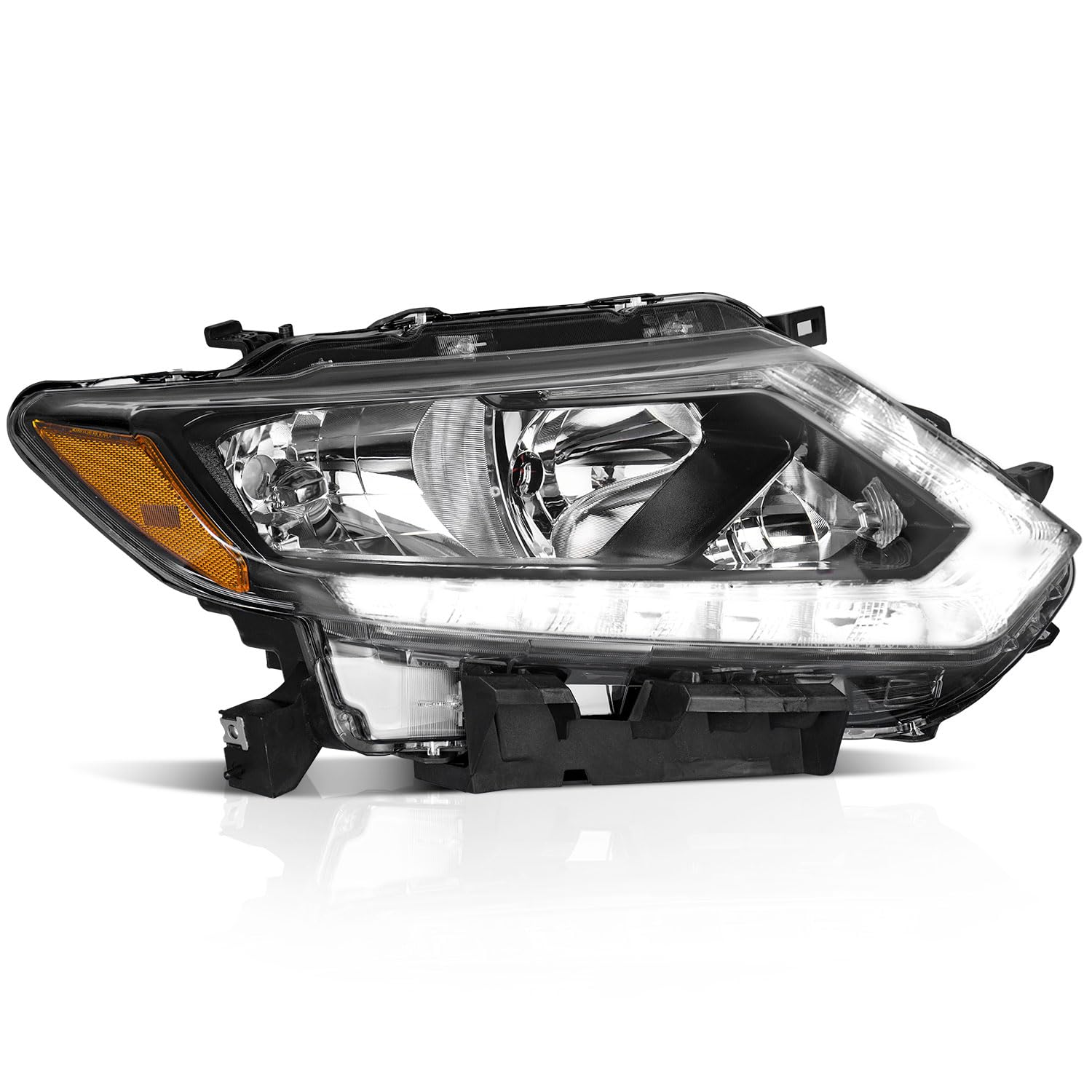 WEELMOTO Headlights Assembly for 2014-2016 Nissan Rogue Headlamp Replacement with LED DRL Strip Black Housing Amber Reflector Right Side (NOT FOR FACTORY LED MODELS & PASSENGER SIDE ONLY)