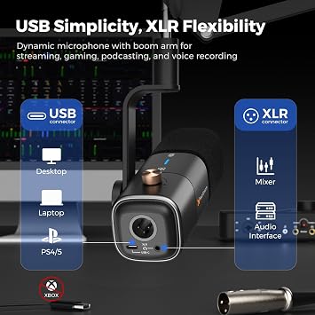 AM10X USB/XLR Dynamic Podcast Microphone with Boom Arm | Supercardioid Mic with AI Noise Cancellation, Mute, Gain and Monitoring, for PC, Audio Mixer, Podcasting, Streaming, Gaming