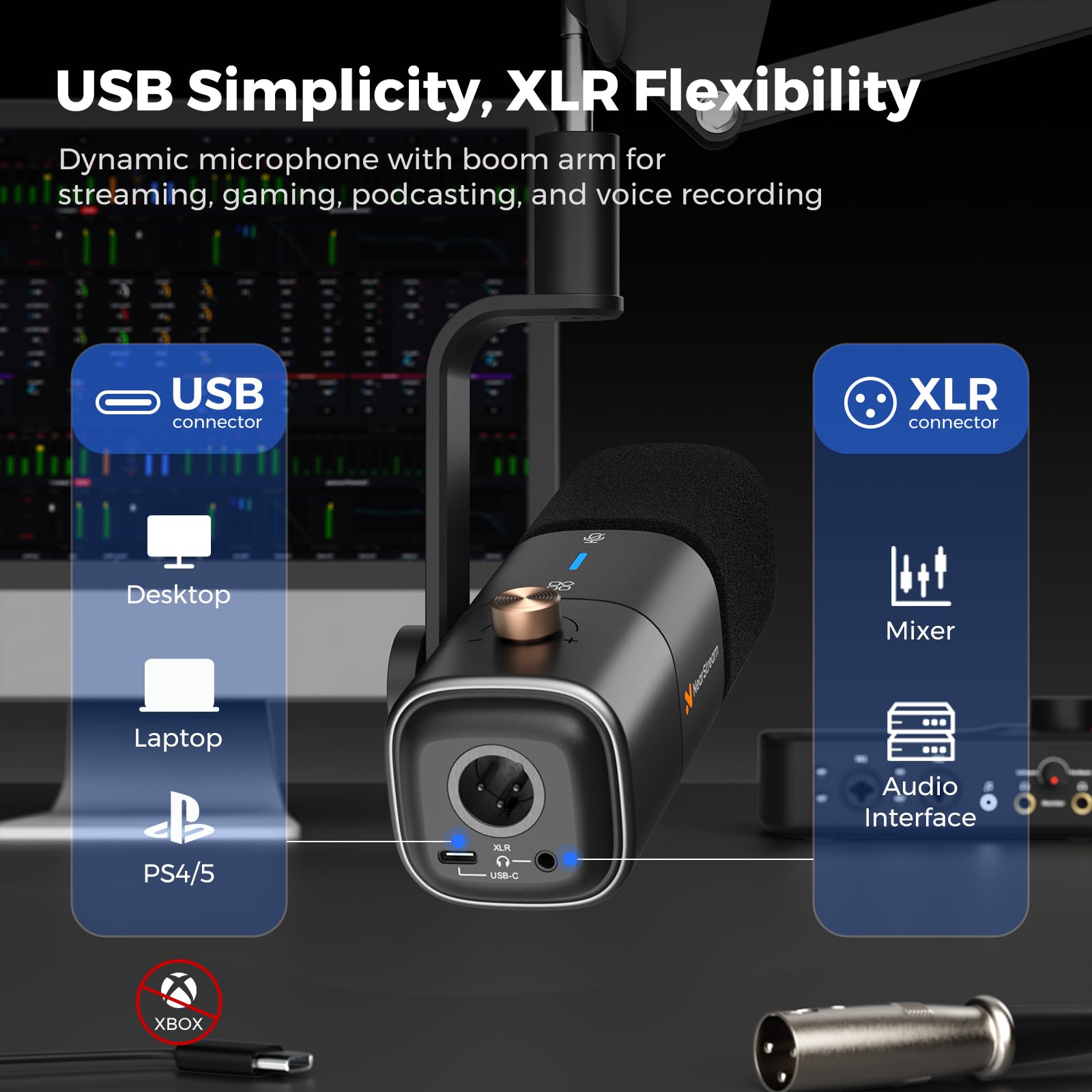 NearStream Microphone baladodiffusion XLR/USB avec bras de perche robuste, microphone dynamique pour PC/mixeur audio/PS5/jeu/streaming, microphone de studio avec suppression du bruit, moniteur de son,
