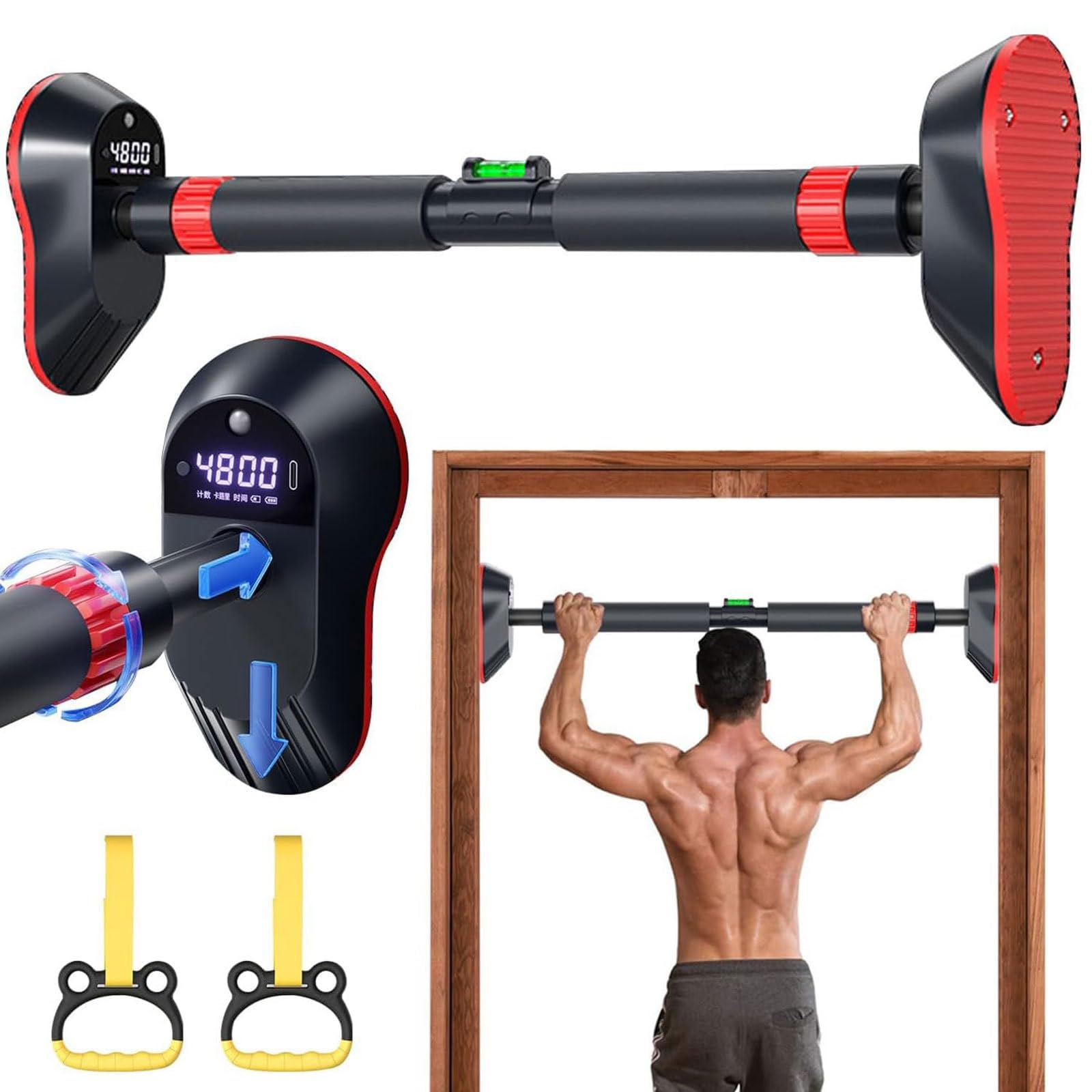 Drążek do podciągania drzwi, montowany na ścianie, sprzęt do treningu fitness z 3 trybami (liczenie/kalorie/czas) do treningu domowej siłowni