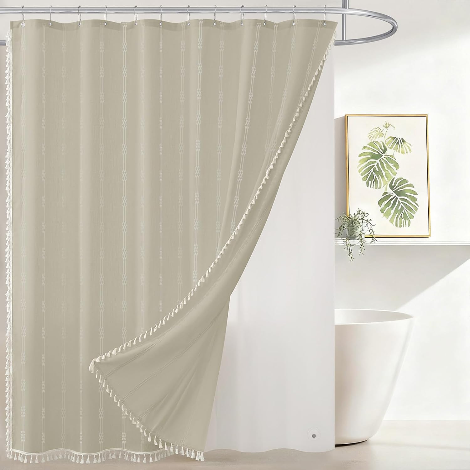 downluxe Linen Texture 3 in 1 Farmhouse Shower Curtain Set with Tassel, Boho Fabric Shower Curtains for Bathroom, Taupe, 60W x 72L