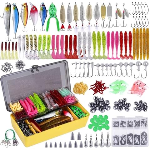PLUSINNO Fishing Lures Baits Tackle Including Crankbaits, Spinnerbaits, Plastic Worms, Jigs, Topwater Lures Box and More Fishing Gear Lures Kit Set, 102/302Pcs Cover