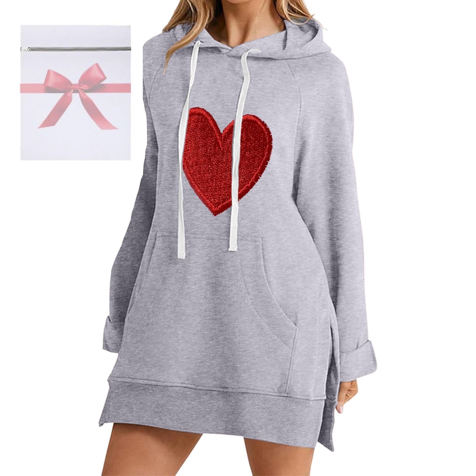 Generisch Abito largo da donna con cappuccio, morbido tessuto felpato con pratica tasca frontale, orlo alla moda