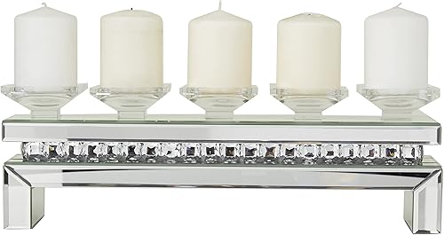 Deco 79 Portavelas de madera con 5 platos con detalles espejados, 20 x 4 x 7 pulgadas, color plateado