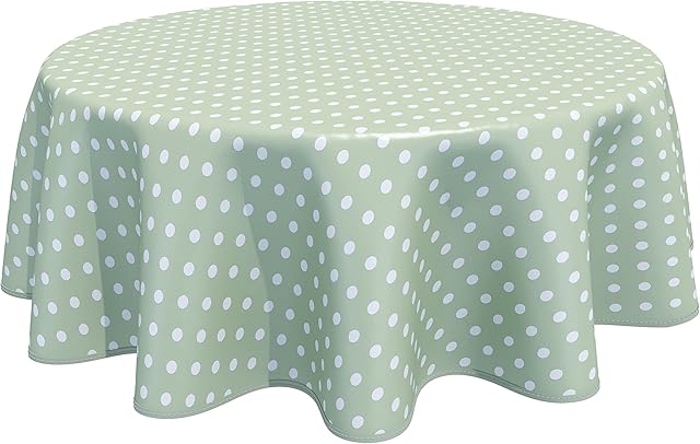Home Direct Round Oilcloth PVC Wipe Clean Tablecloth Table Cover 160cm 62" Polka Dot Sage Green