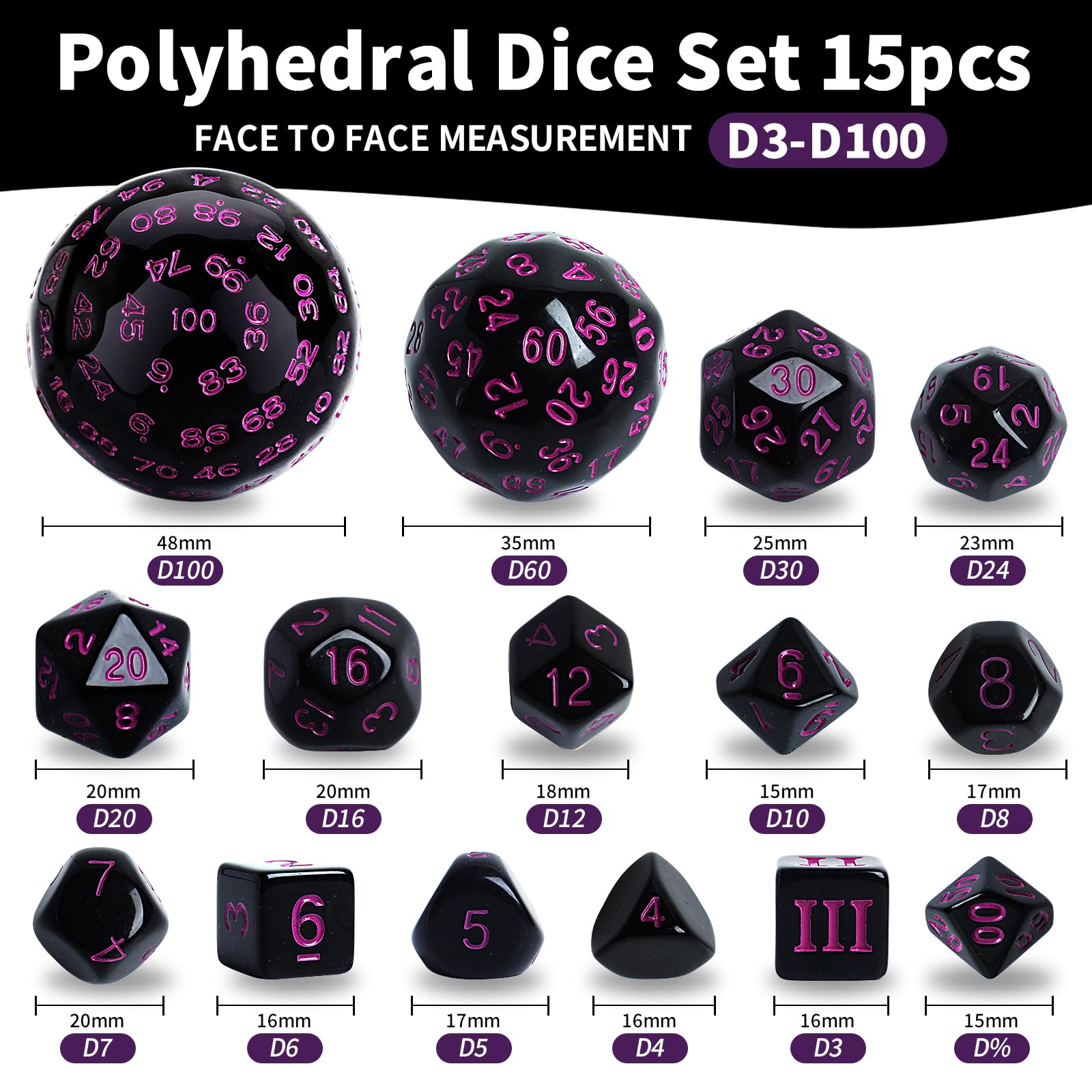 Lot de 6 dés polyédriques complets D3-D100 (15 pièces) pour jeux de table TRPG (noir)
