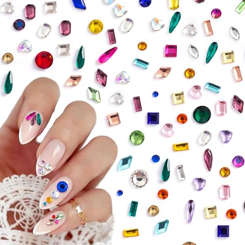 HINZIC 510pcs Rhinestones Nail Art Charm, Flatback Gems Colorful Crystal Glass Jewel Valentine Face Clothes Shoes Decor Bead, Mini Diamond Heart Round Geometric for Crafts Acrylic Nail Supplies