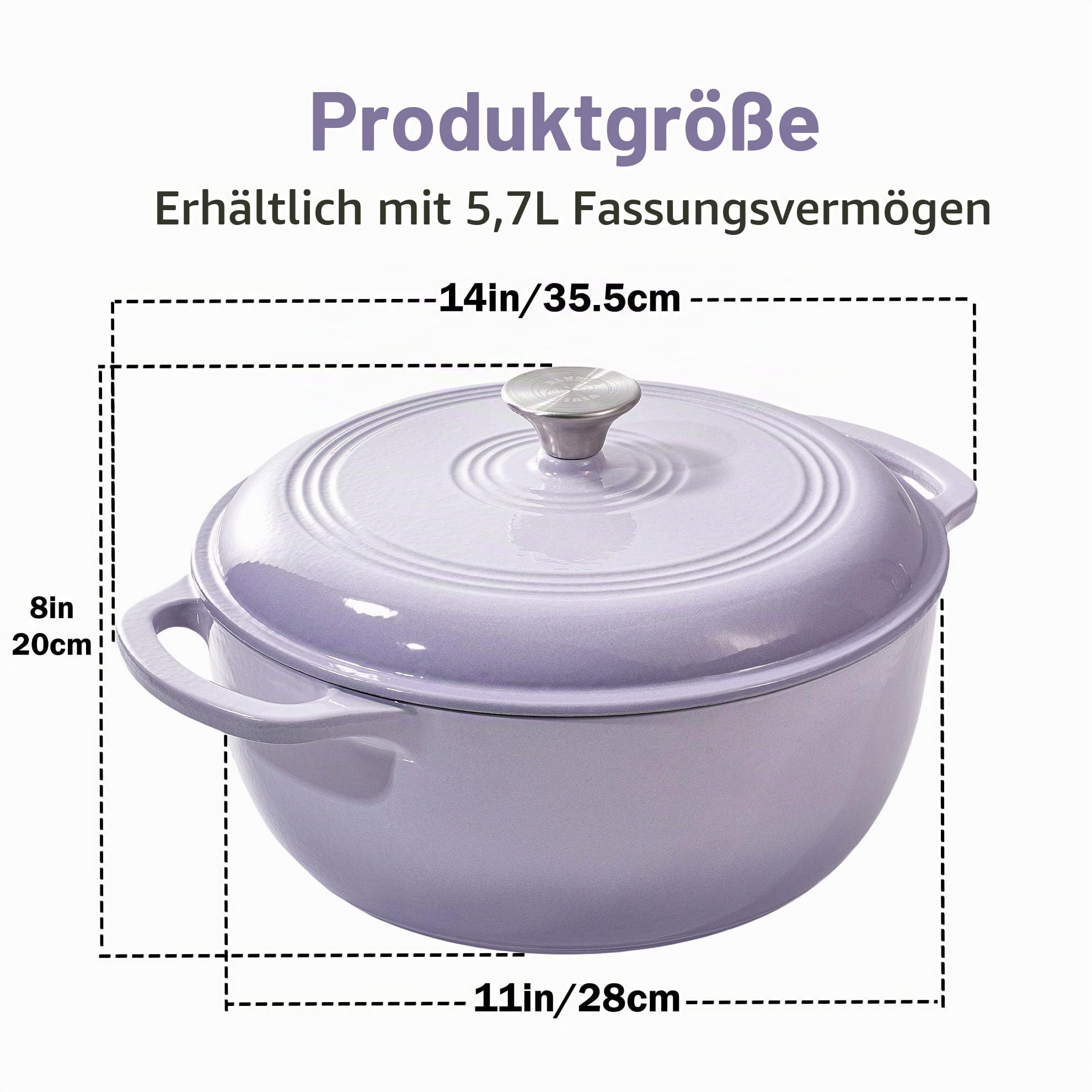 Vivicreate Schmortopf aus emailliertem Gusseisen, 6 Quart Dutch Oven Topf mit Deckel, robuster Dutch Oven zum Brotbacken, Schmoren, Eintöpfe, Braten, ofenfest bis 260 °C, Doppelgriffe, Violett