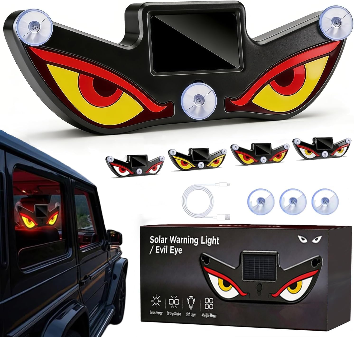Solar Powered Devils Eyes LED Car Light, Devil Eyes Lights Dynamic Windshield Ambient Lamp with Vibration & Light Sensor, USB-C Rechargeable, 5 Modes, Suction Mount