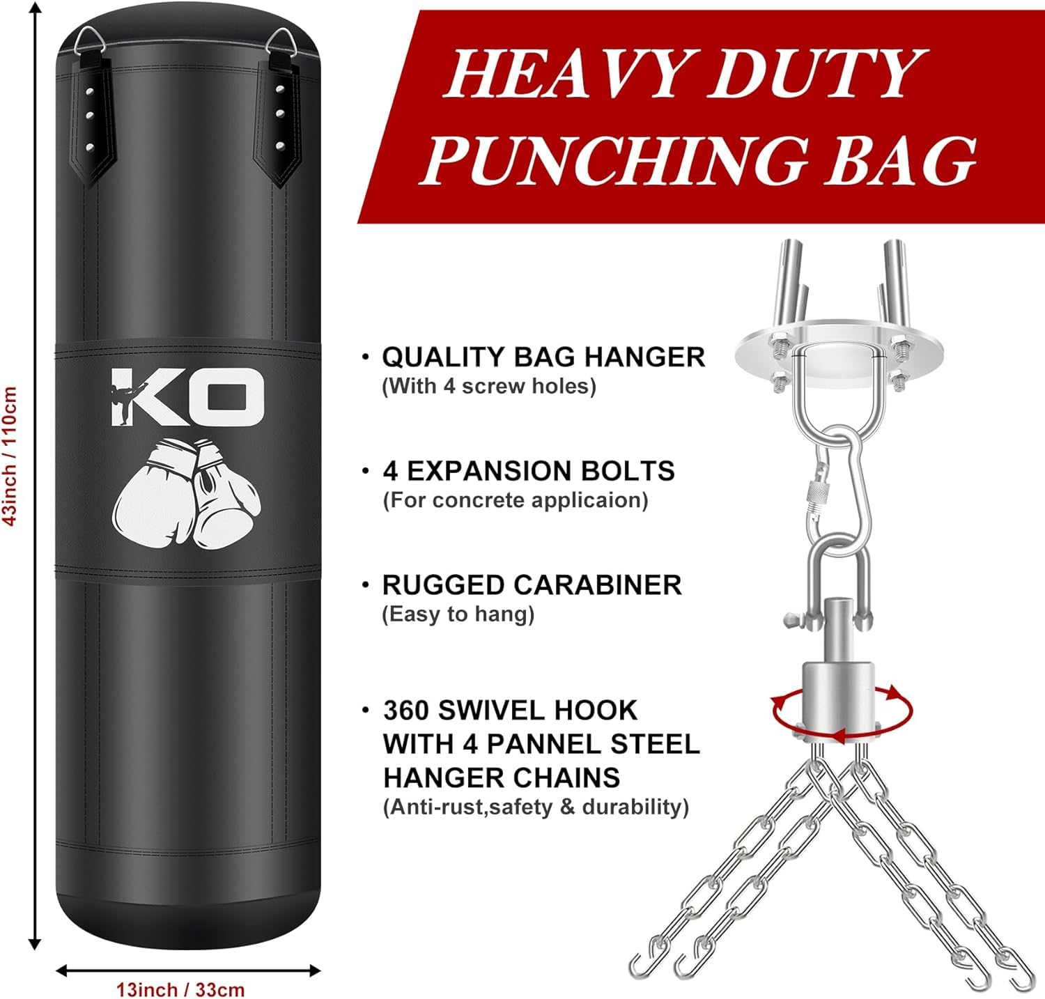 Sac de Boxe pour Adultes, Ensemble de Bandages, chaîne, Crochet de Plafond et Gants de 12 onces, idéal pour l'entraînement en MMA, Kickboxing, Boxe, karaté et Gymnastique à Domicile