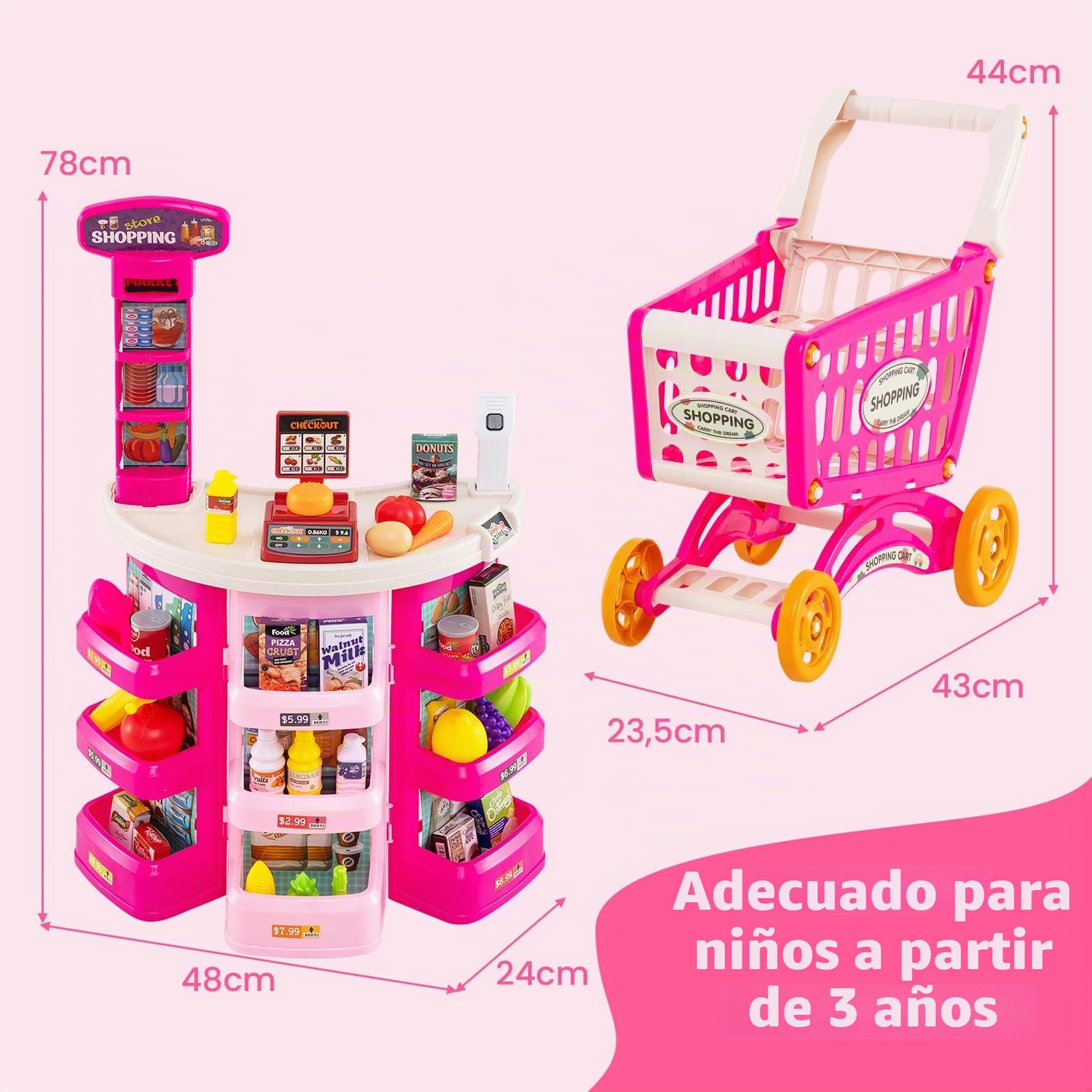 RELAX4LIFE Supermercado Juguete Infantil con Luz, Sonido, Carrito Compra, Cesta y 29 Accesorios, Caja Registradora Juguetes con Escáner, Supermercado de Madera para Niños de 3+ Años (Rosa)