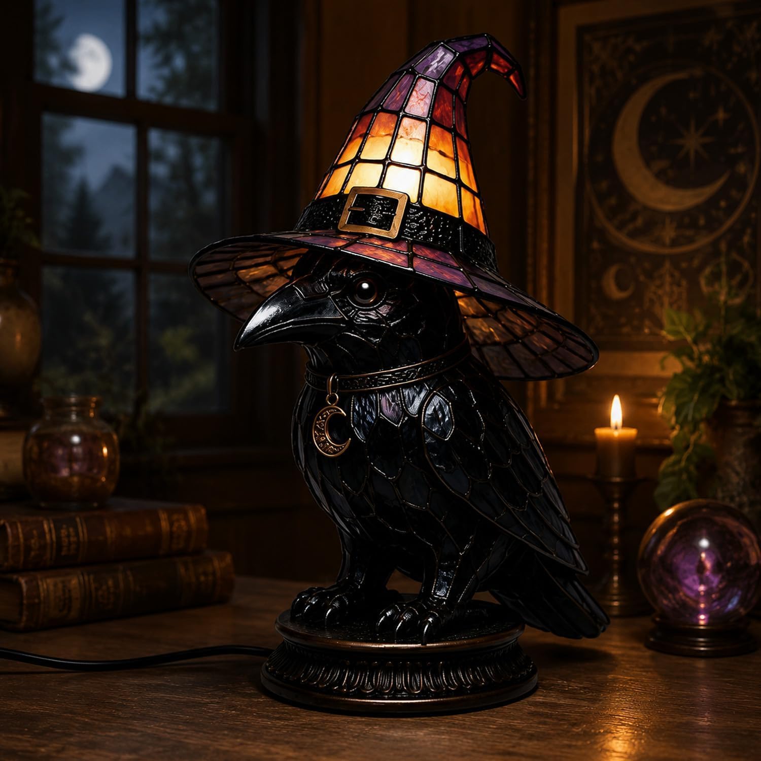 Stained Glass Black Cat Table Lamp, Gothic Witch Hat Resin Night Light — image 1