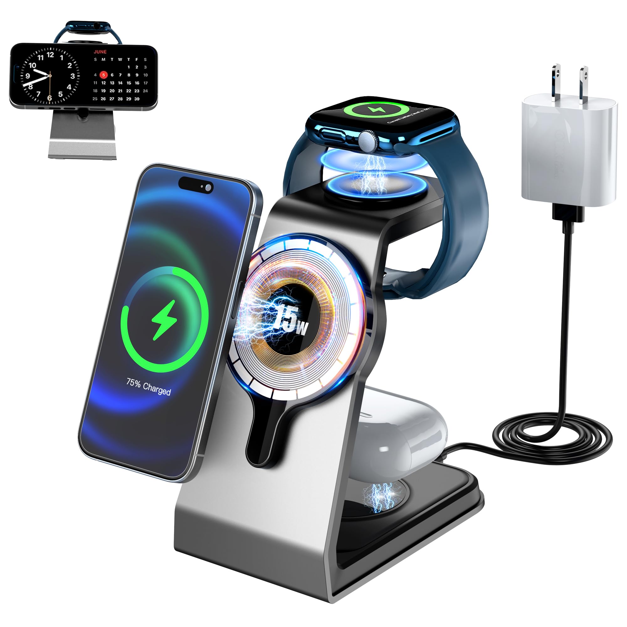 3 in 1 Wireless Charging Station for Apple MagSafe Charger, 15W Fast Magnetic MagSafe Charger Stand Compatible for iPhone 15 14 13 12 Series AirPods Apple Watch Charger AirPods Pro/3/2