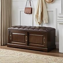 Entryway Wooden Shoe Storage Ottoman Bench with Leather Cushion Long Shoe Rack Bench with Doors & Padded Seat Cushion for Living Room,Hallway,MudroomDark walnut,130*38*45cm/51.2*15*17.7in