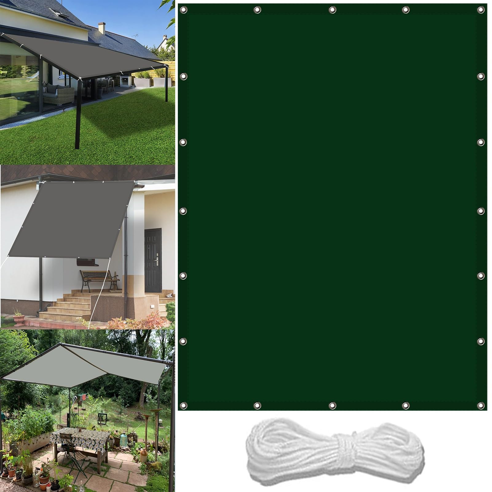 GLDYTVF Outdoor Pergola Canopy 3 x 3.4m Waterproof Garden Shade Screen with Grommets Dark Green Shade Cloth for Pool Terrace Greenhouse Includes Free Rope