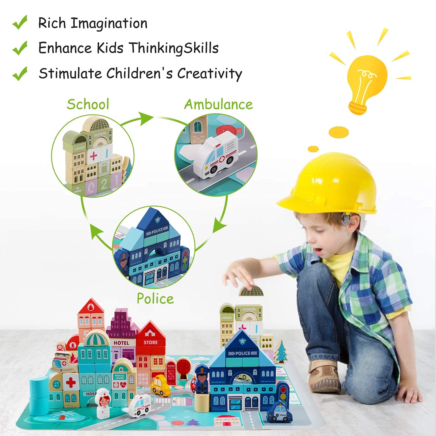 Bloques de construcción de madera para niños pequeños, construcción de ciudad para niños, juguetes creativos, bloque educativo de aprendizaje preescolar para niños y niñas de 2, 3, 4, 5 4