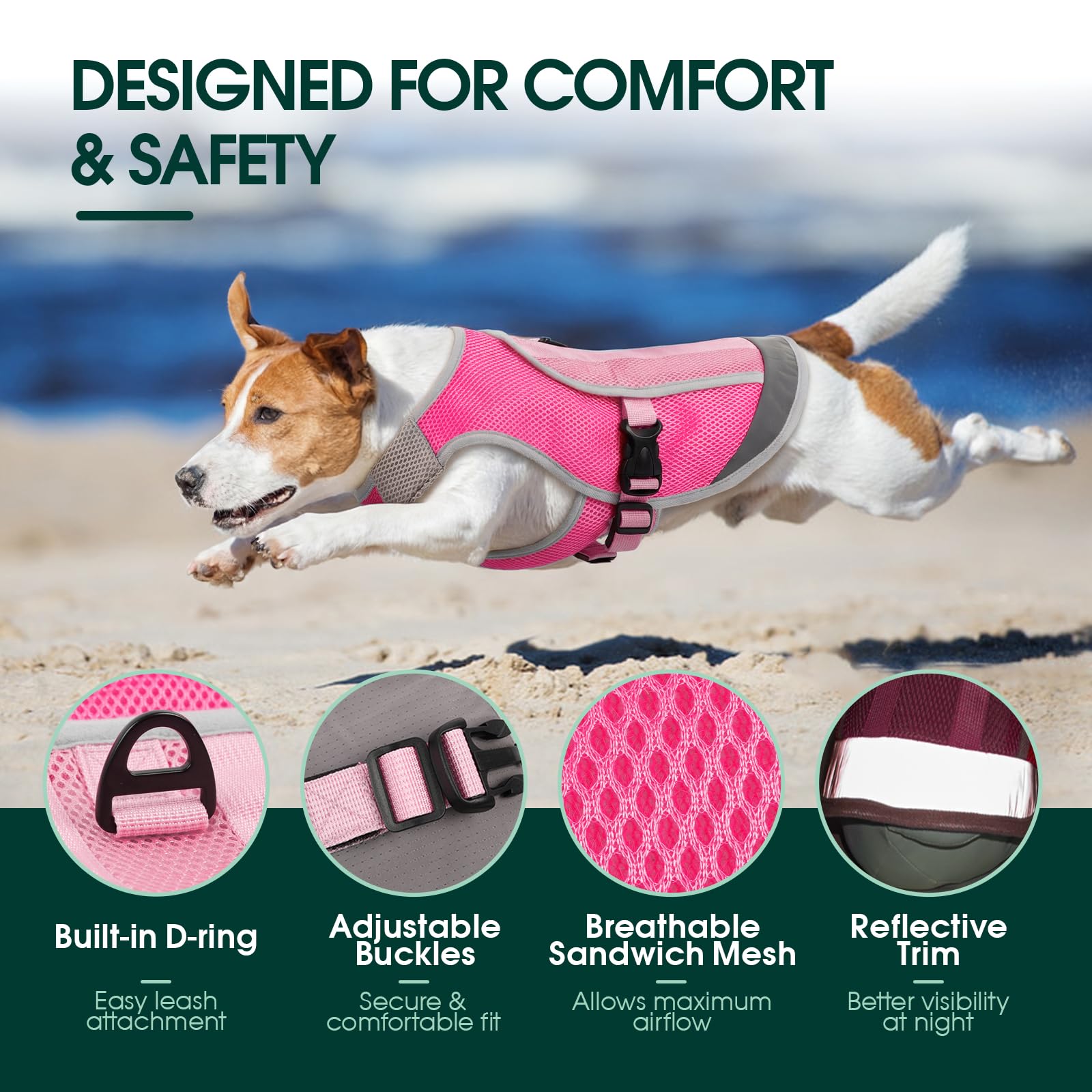 KUOSER Chaleco Fresco Para Perros Con Hebilla Ajustable En El Pecho Y Anillo En D, Chaqueta Refrescante Ligera Para Verano, Rosa, Talla Grande
