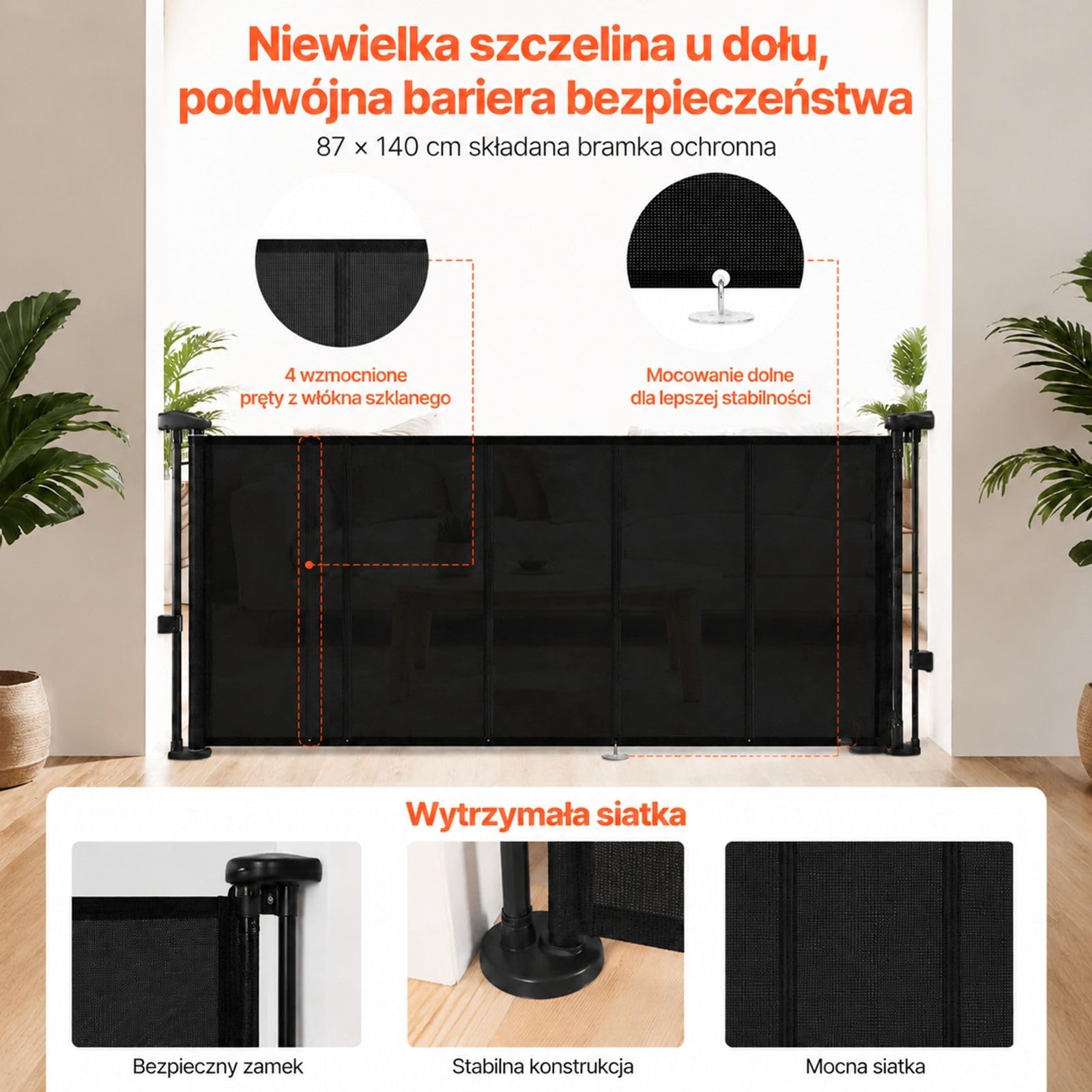 Rozkładana czarna bramka z siatki i ramą z włókna szklanego do drzwi, schodów, korytarzy oraz dla zwierząt