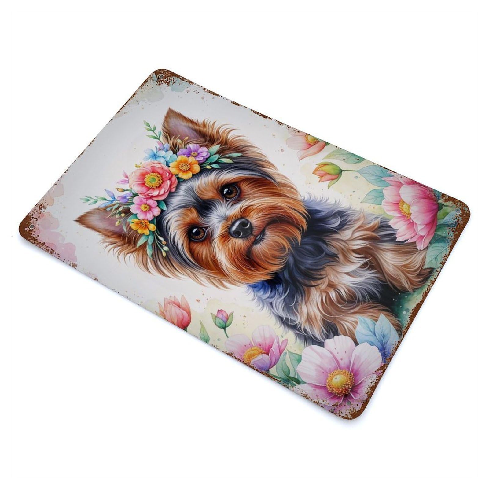 Rust Effect Cute Yorkshire with Floral Crown Watercolor Rusty Metal Tin Sign 11.8"x7.9", Old School Wall Decor for Farmhouse, Kitchen And Entryway Decor