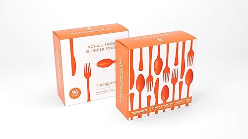 Vista 32 de Tiger Chef - Cubertería de plástico de color resistente, incluye tenedores, cucharas para el té y cuchillos, Transparente Claro