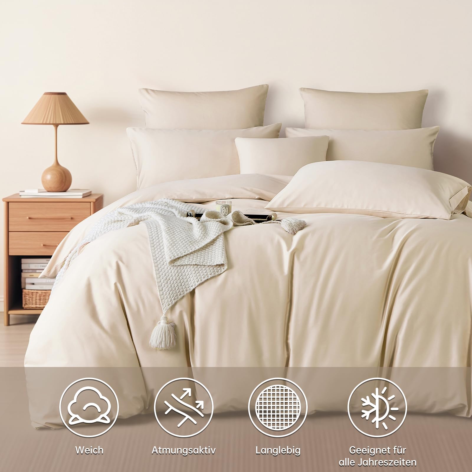 Boqingzhu Satin Bettwäsche 220x240 cm Beige Langstapelige Baumwolle | Kühlend Weich Glatt, ÖkoTex Zertifiziert, Für Allergiker Geeignet,Bettbezug Set mit Kissenbezüge 80x80cm