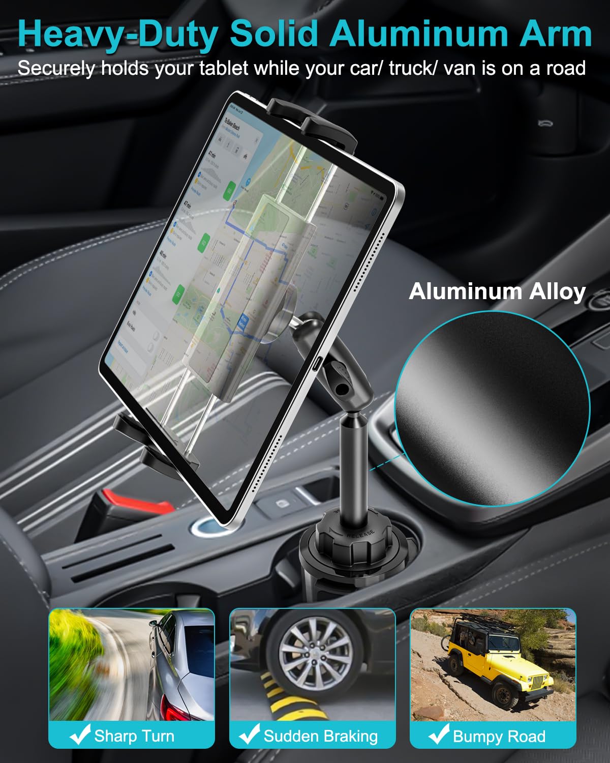 Support Tablette Porte Gobelet Voiture, Support de Tablette Porte-Gobelet d'un Camion avec Bras Métallique Réglable pour iPad 10.9, iPad Pro 13 11 Air Mini, Galaxy Tab, iPhone, 4~13" Tablettes