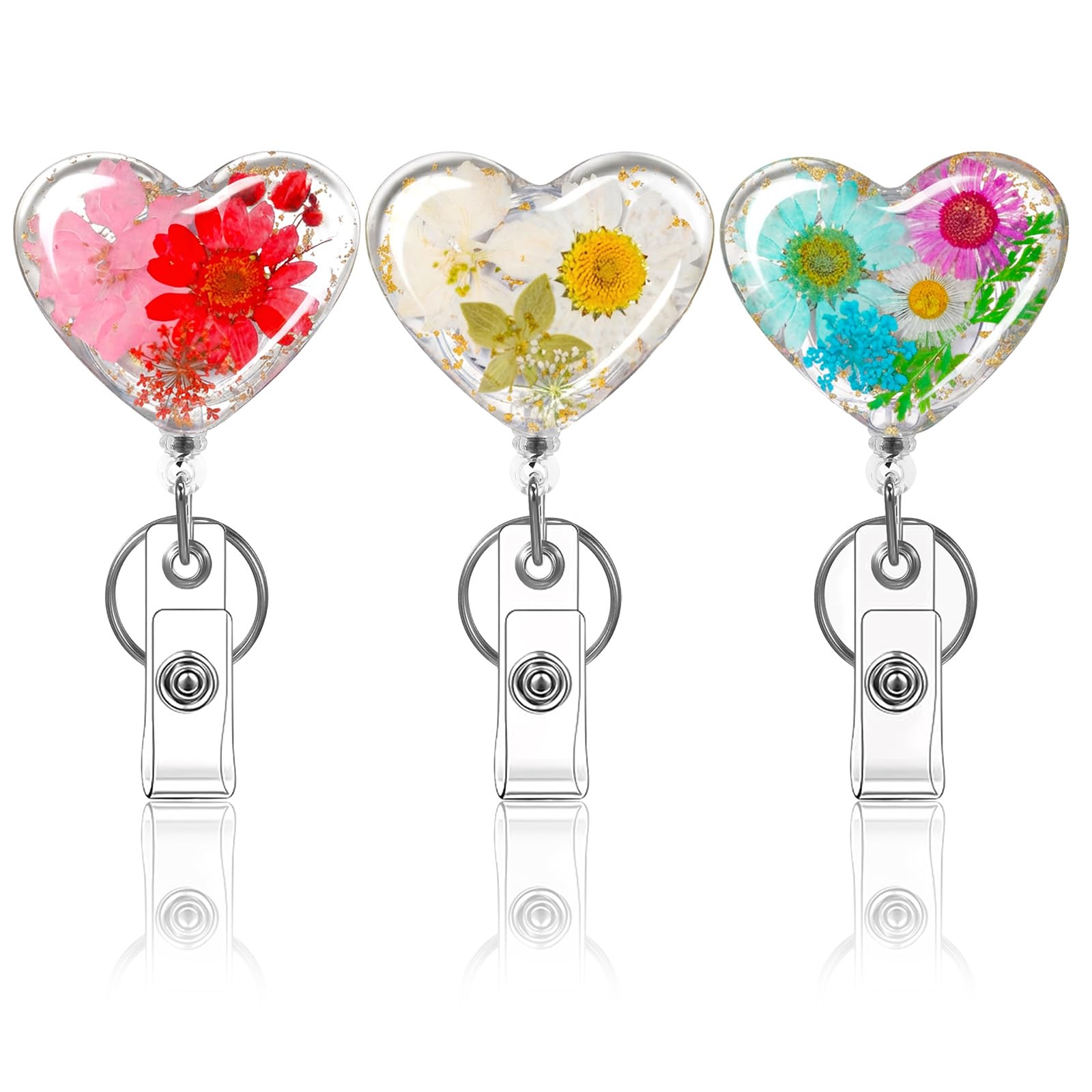3 Pcs Flower Badge Reel Nurse Convenient Badge Reels Retractable with Key Ring Retractable Nurse Badge Reel Dried Floral Resin ID Badge Clip for Teacher Doctor Worker, Heart