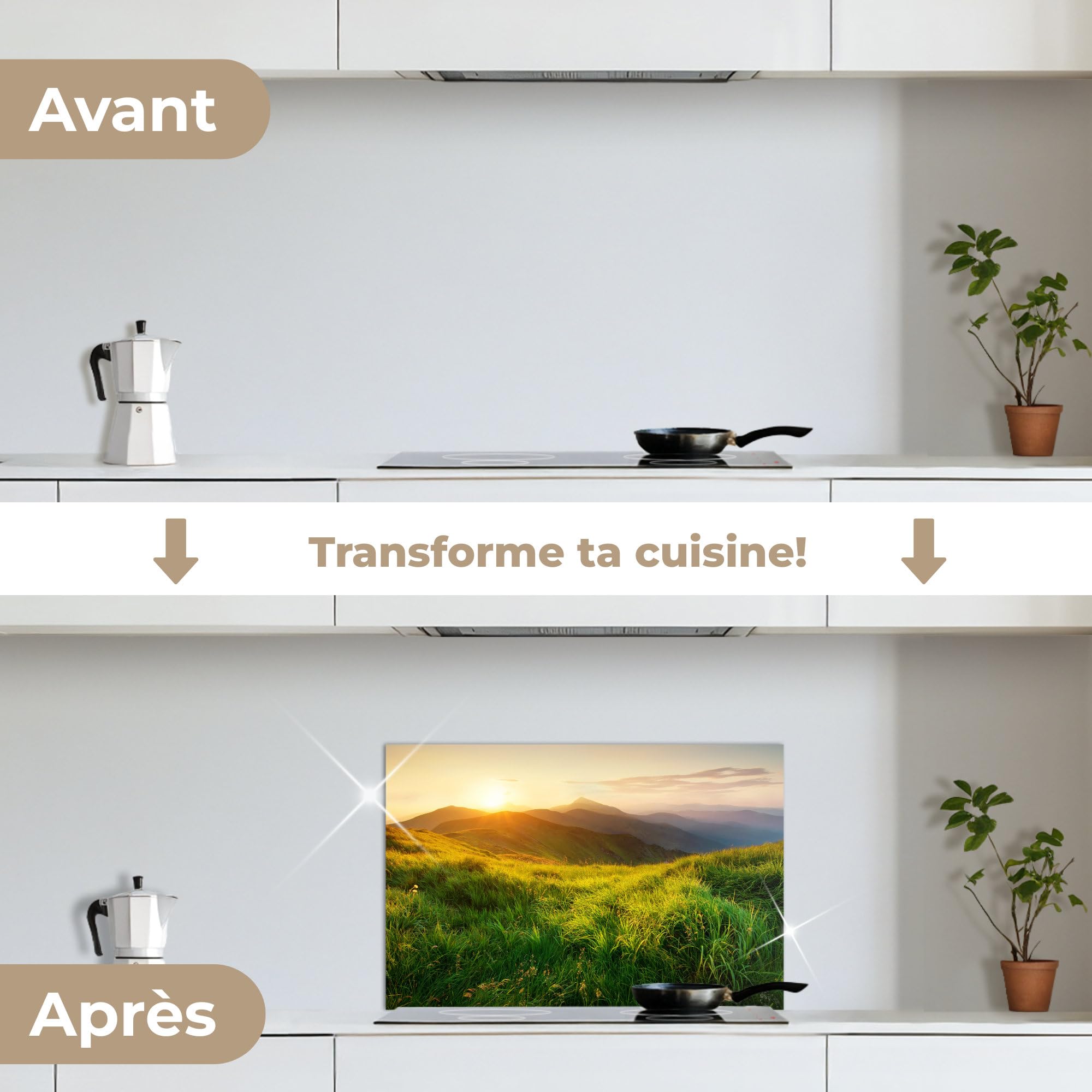 KitchenYeah© Credence Adhesive Pour Cuisine 40x60 cm Panneau Mural Adhesif Fond De Hotte Plaque Pvc Murale Peel And Stick Protege Mur Herbe - Collines - Soleil - Nature - Paysage