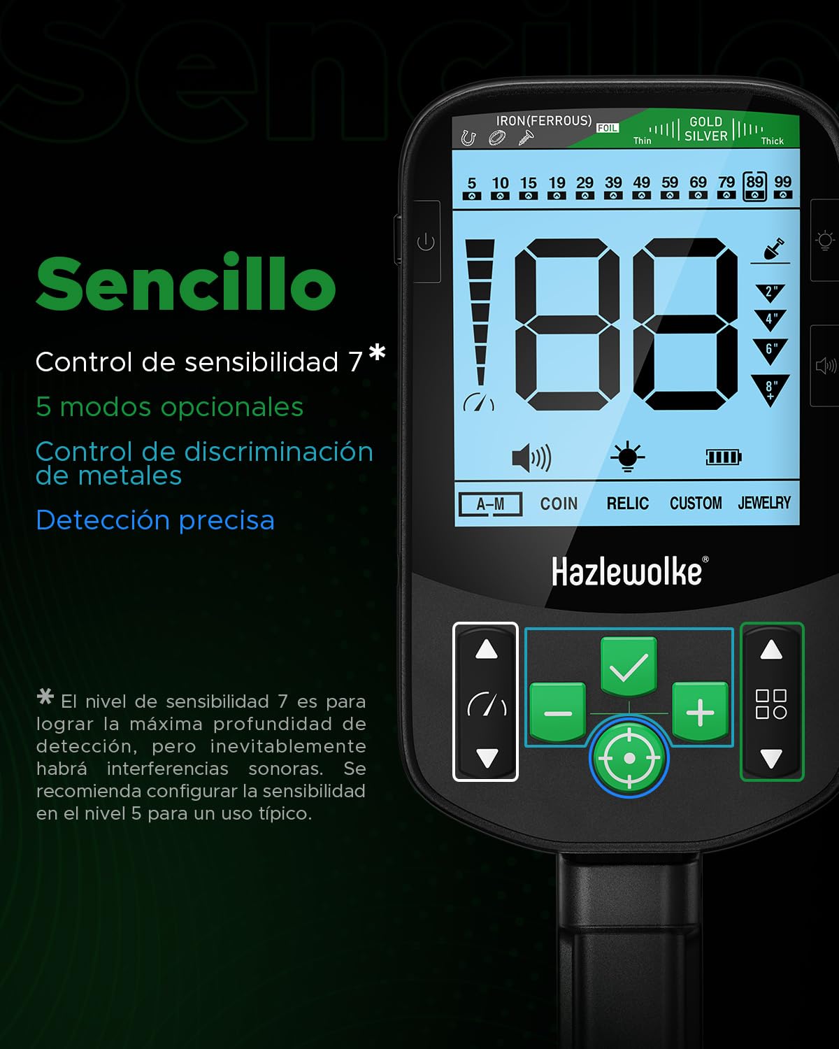 Hazlewolke Detector de Metales Adultos, Bobina Double-D Impermeable 11", 6 Modos con Pinpoint, Profundidad 12", Recargable Profesional para Oro, 7 Niveles Sensibilidad y 3 Tonos