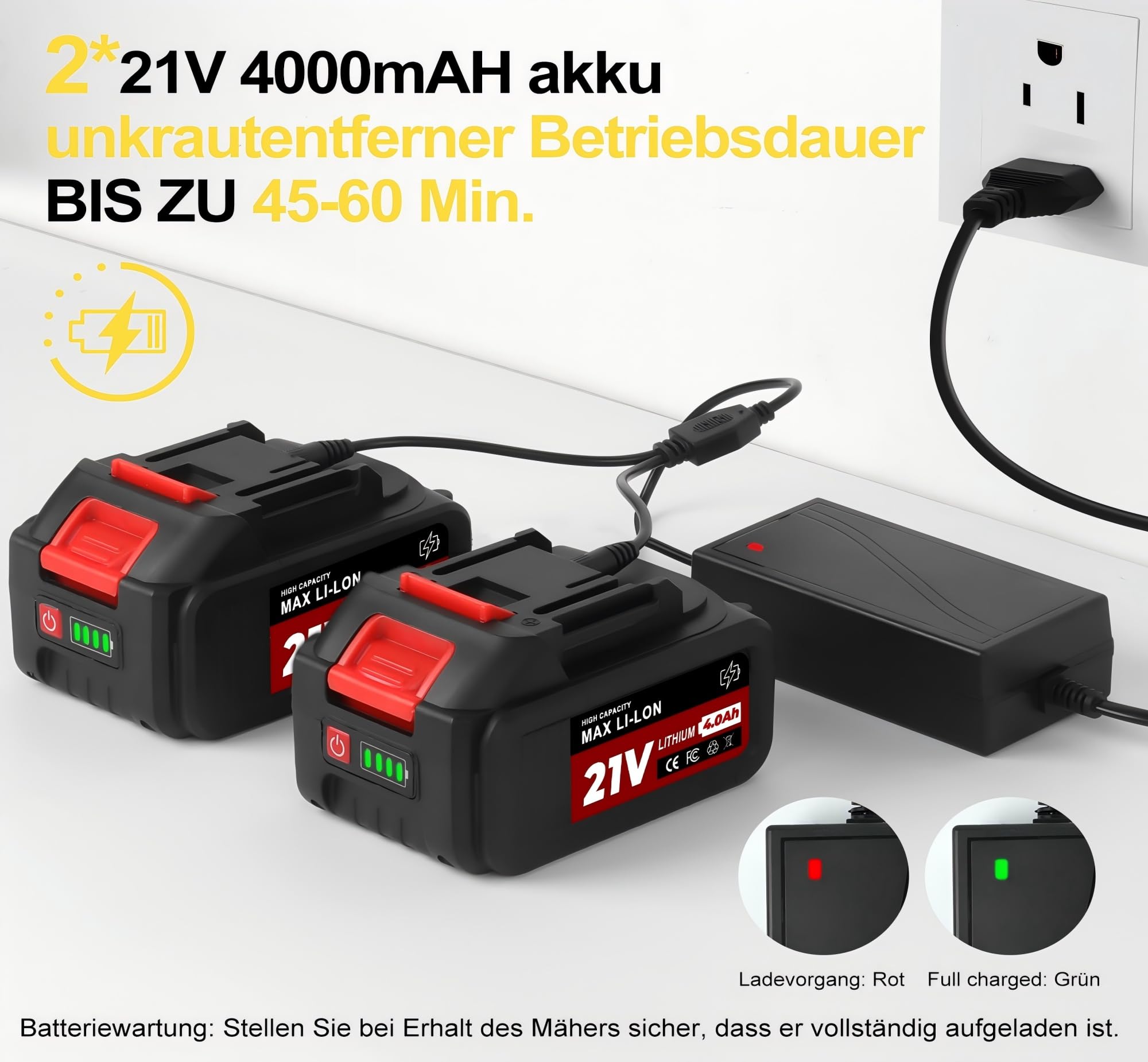 TerraKraft 21V Rasentrimmer mit Akku, 750w Akkus Rasentrimmer, Freischneider Akkus, Die Teleskophöhe 100cm - 145cm Motorsense Akkus, 90° Trimmwinkel(Inkl2 x 4,0Ah Akku) (Gelb)