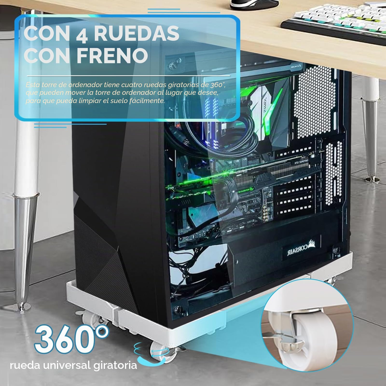 Soporte móvil para CPU para PC, Soporte Ajustable para Torre de Ordenador, Soporte móvil con 4 Ruedas, Soporta hasta 40kg - Blanco