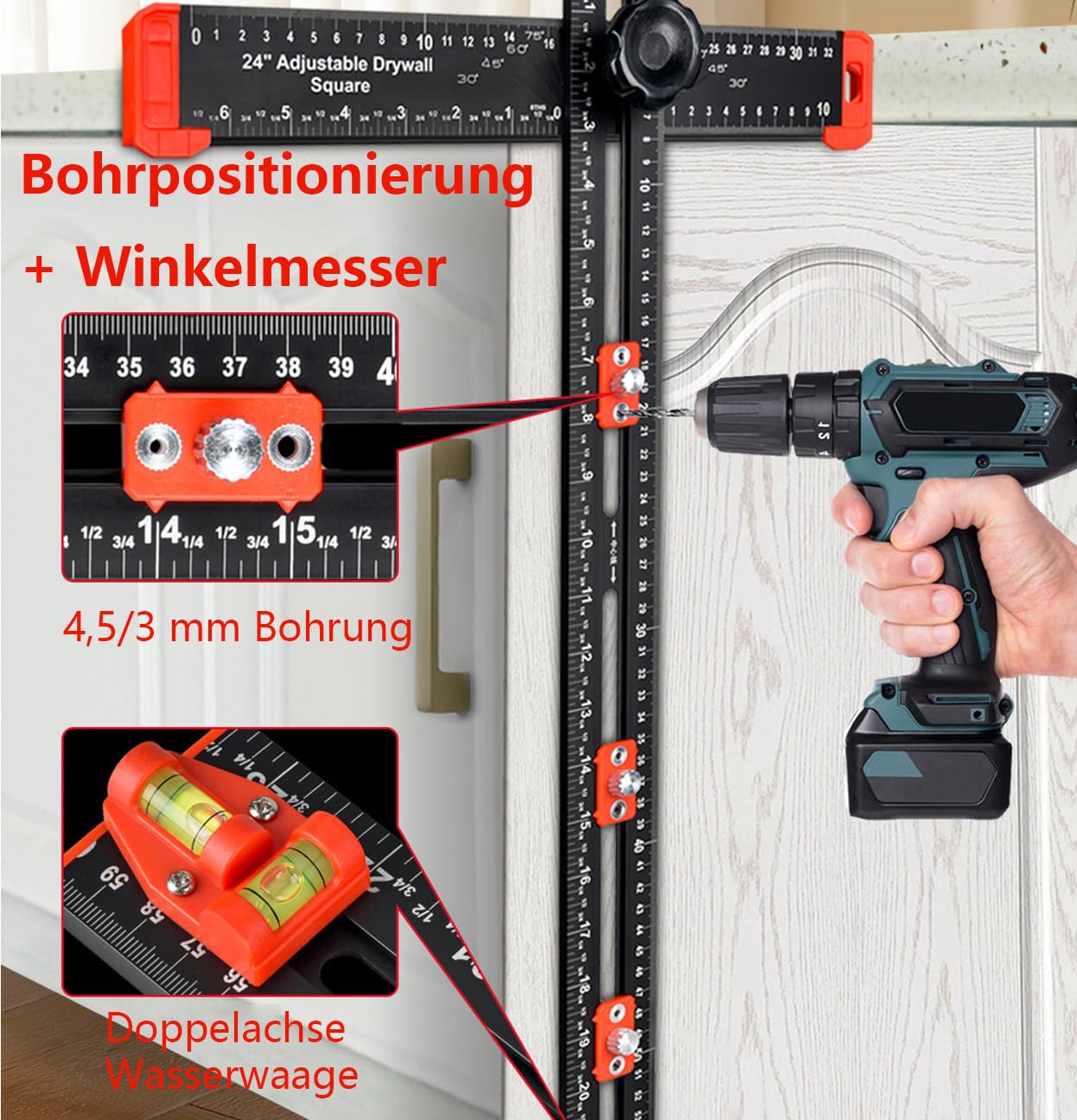 4-in-1 Aluminium Bohr-Positionierungslineal mit Doppel-Wasserwaage – Präzisions-Werkzeug für Holzbearbeitung | Verstellbare Länge/Winkel | für Regale & Möbelbau | 400mm Präzisionslineal