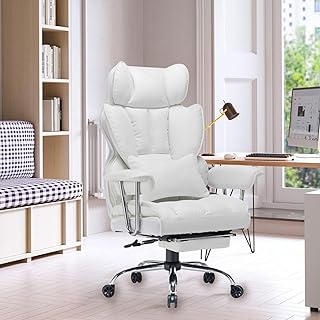 Efomao Desk Office Chair,Big High Back Chair,PU Leather Office Chair, Computer Chair,Managerial Executive Office Chair, Swivel Chair with Leg Rest and Lumbar Support, White Office Chair