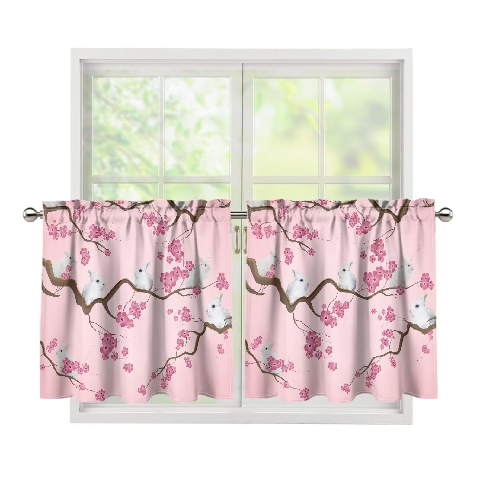 Dreaweet Pink Short Blackout Curtains Cherry Blossoms and Rabbit Print Window Curtains for Bedroom,Small Window Curtains Tiers for Bathroom 24 inch Length,2 Panels Set