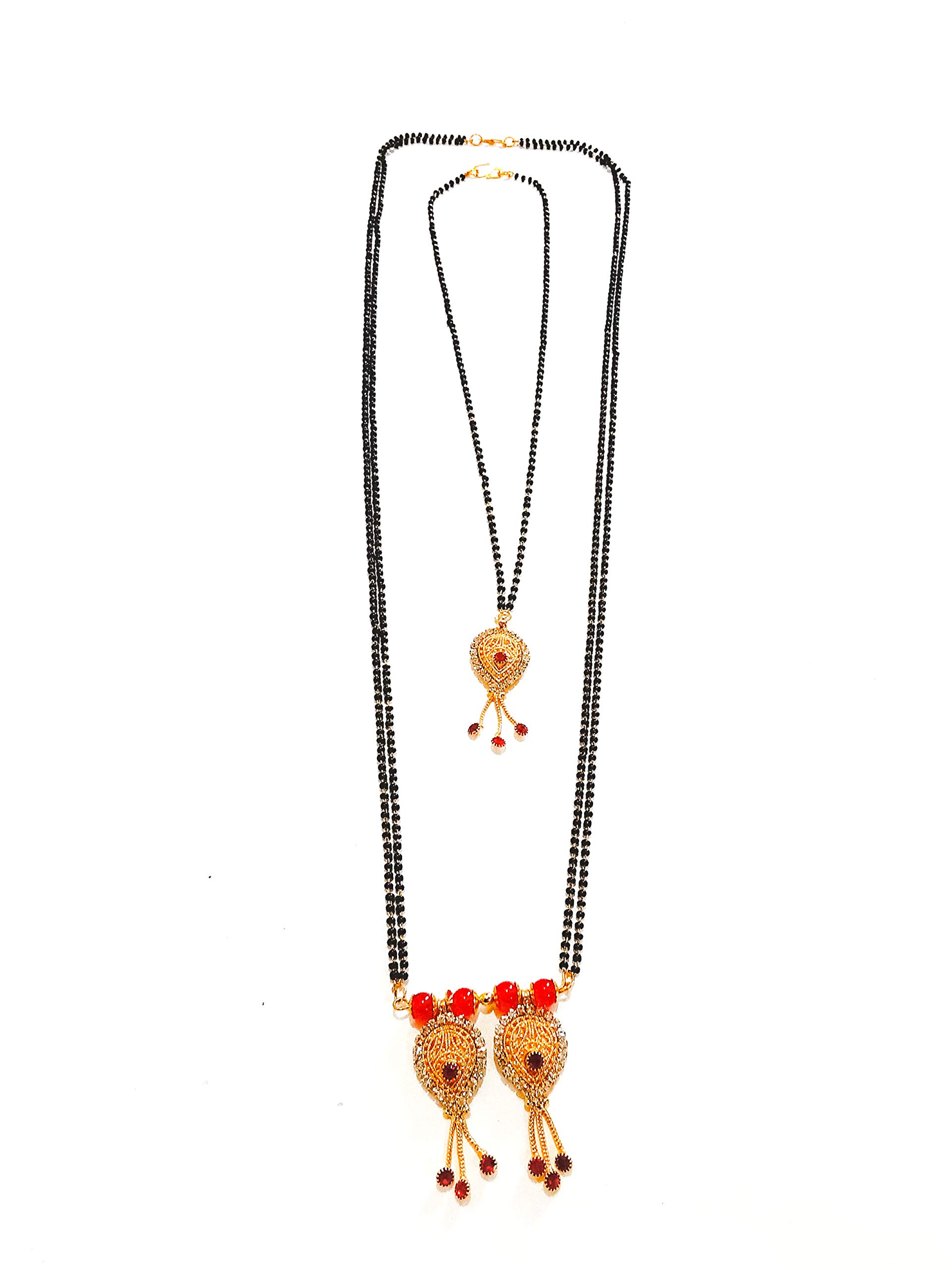 Swamini Creations Women's Choice 2 line Black Beads Gold Plated Long & Short Mangalsutra/Necklace Set