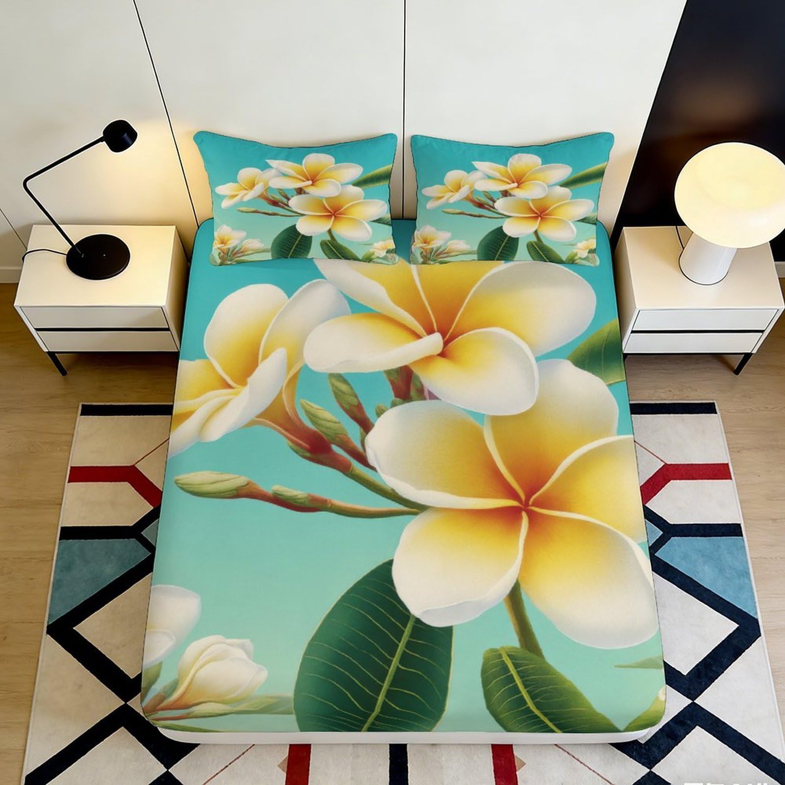3D Printed Tropical Plumeria Fitted Sheet Microfiber Soft Yellow Floral Mattress Cover for Bedroom Guest Room Decor 90x200x25cm