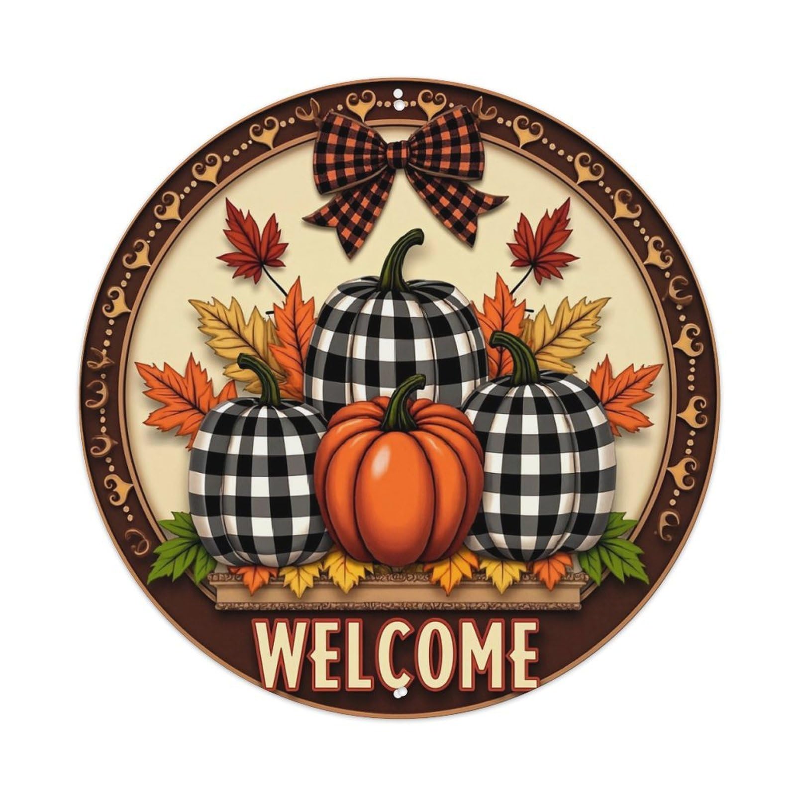 Checkered Pumpkins Autumn Leaves Bow Round Tin Sign Retro Metal Sign for Cafe Bar Pub Home Game Room Gym Club Wall Decoration Vintage Metal Poster 8x8 Inch