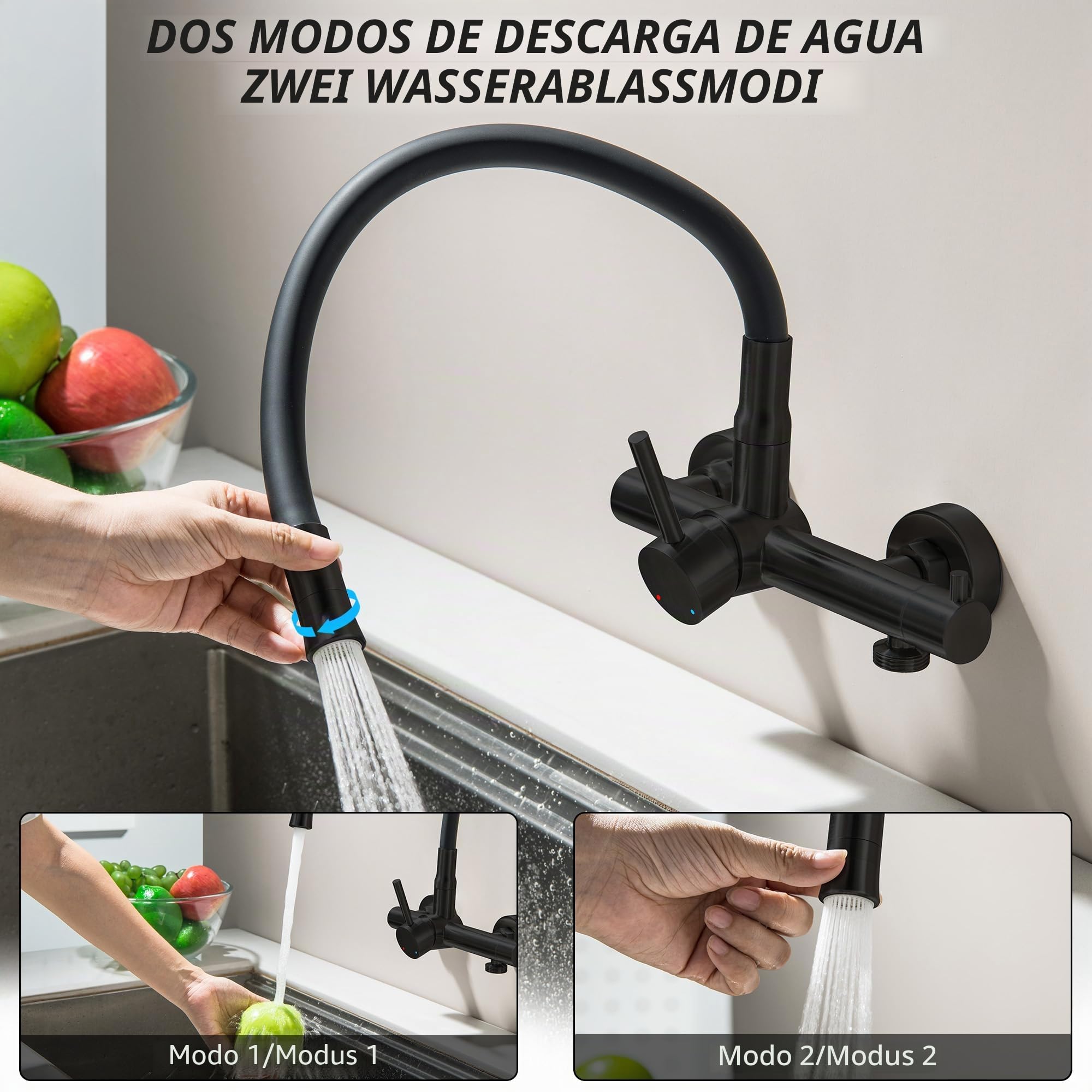 Grifo de cocina montado en la pared con conexión de 1,9 cm para lavavajillas/lavadora, grifo de cocina montado en la pared con caño flexible de 360°, grifo mezclador con 2 modos de