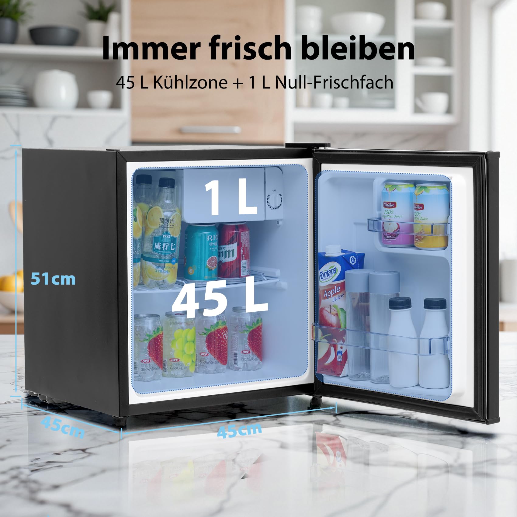 Kühlschrank 45L, Mini Kühlschrank Leise, Schwarz Kühlschrank Klein 39dB, Minikühlschrank mit Umkehrbare Tür 220-240V, Minibar für Zimmer, Hotel,Büro,Küche,Wohnungen